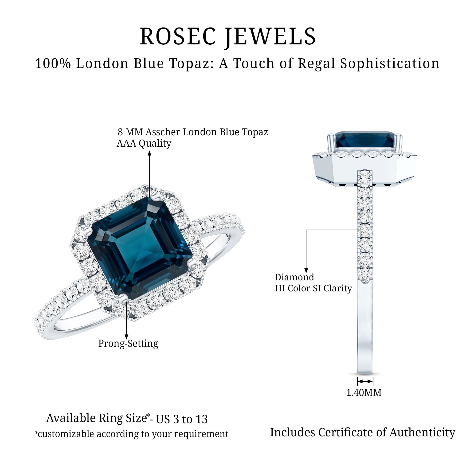 3 Carat Asscher Cut London Blue Topaz Vintage Engagement Ring with Diamond Halo AAA - Rosec Jewels