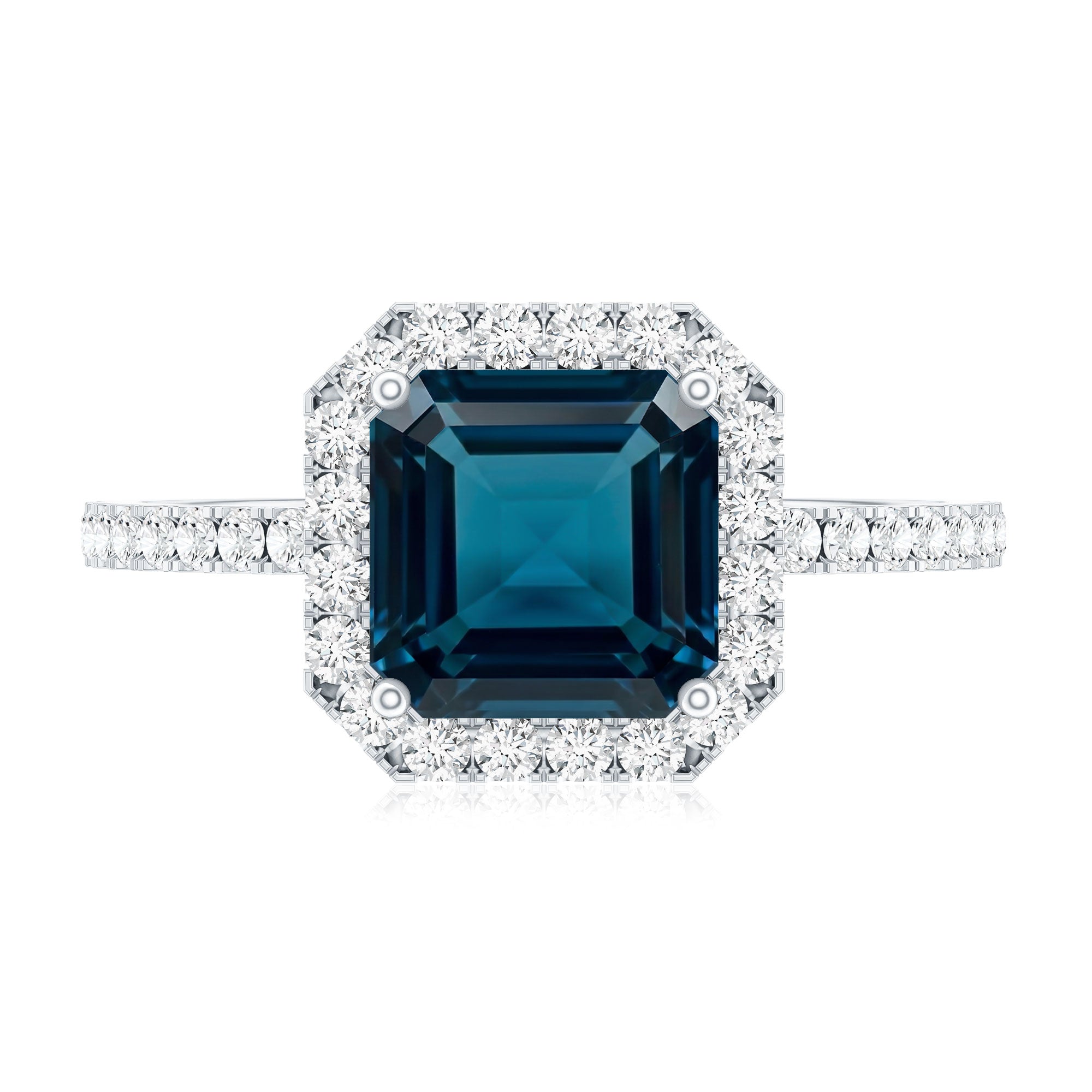 3 Carat Asscher Cut London Blue Topaz Vintage Engagement Ring with Diamond Halo AAA - Rosec Jewels