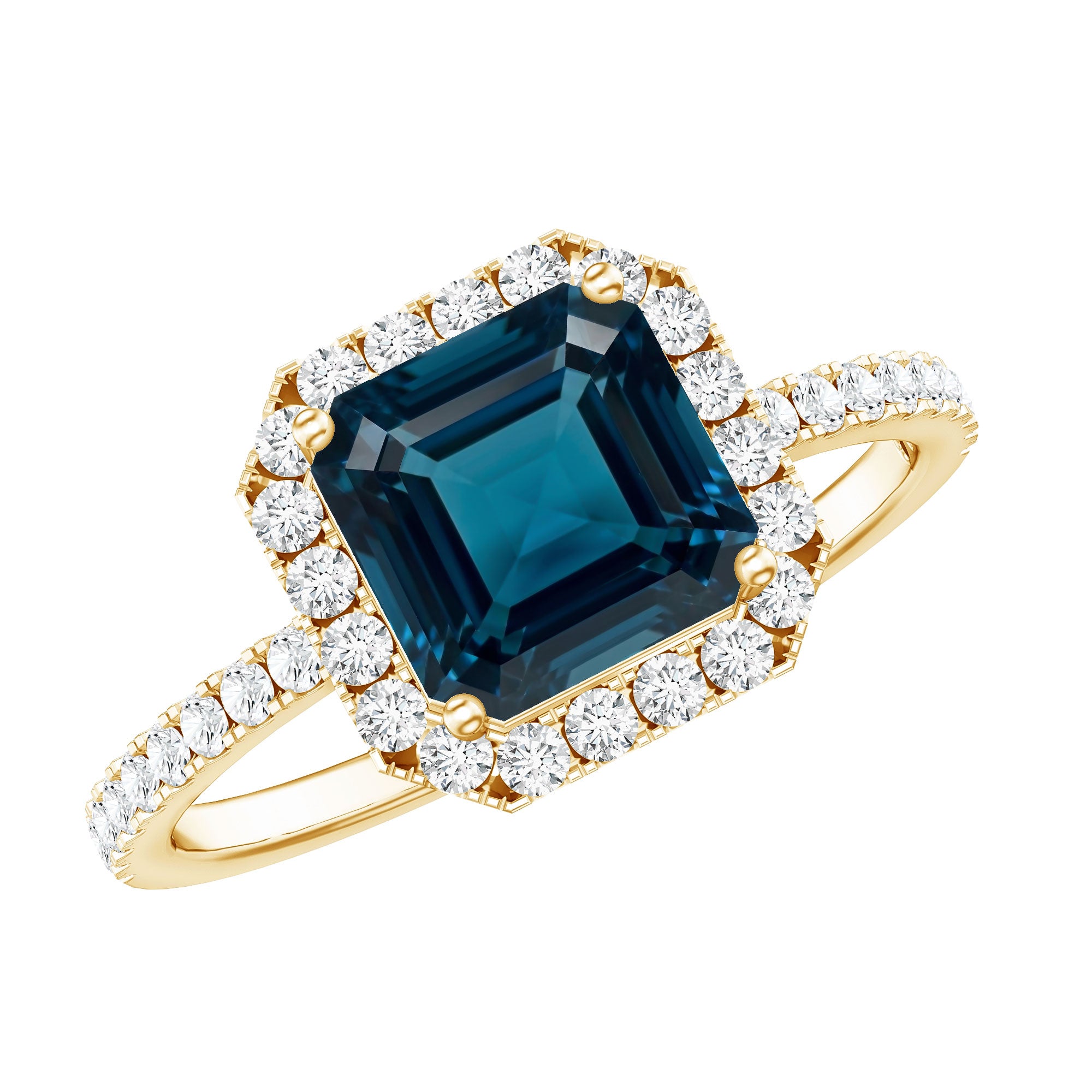 3 Carat Asscher Cut London Blue Topaz Vintage Engagement Ring with Diamond Halo AAA - Rosec Jewels