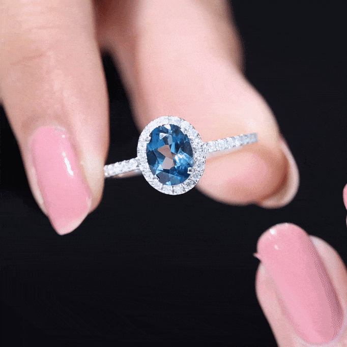 6X8mm Oval Cut London Blue Topaz Classic Engagement Ring with Diamond Halo AAA - Rosec Jewels