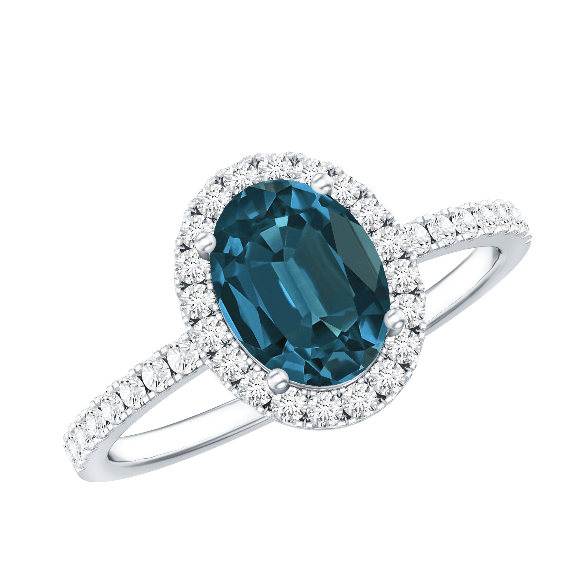 6X8mm Oval Cut London Blue Topaz Classic Engagement Ring with Diamond Halo AAA - Rosec Jewels
