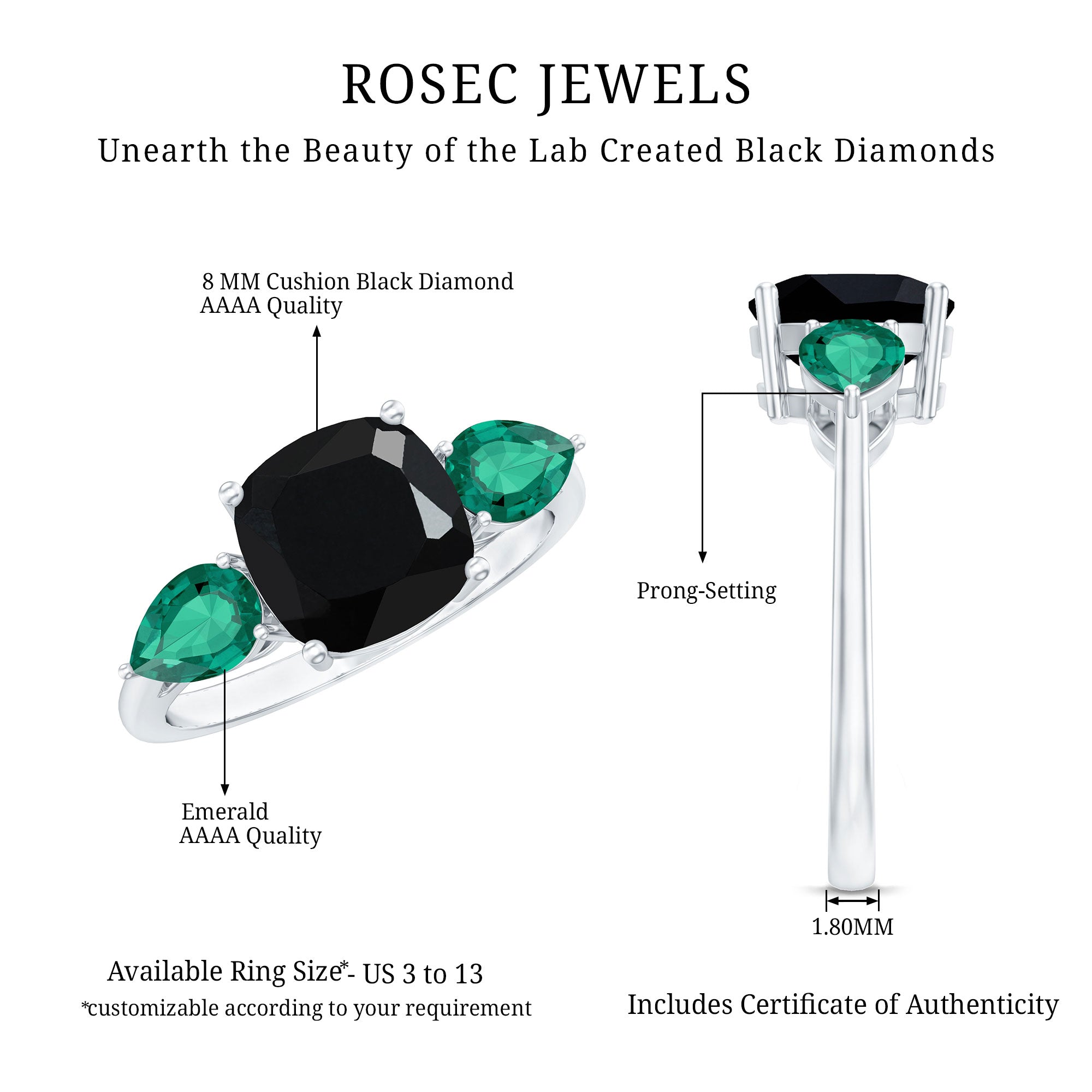 Certified Lab Grown Black Diamond 3 Stone Engagement Ring with Emerald AAAA ( Synthetic ) - Rosec Jewels