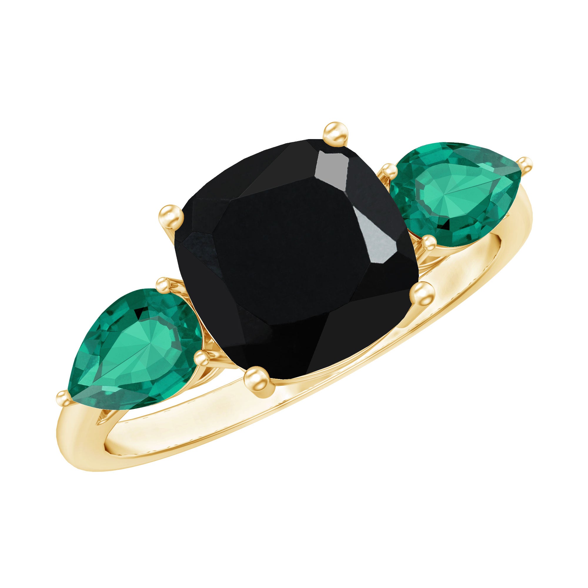 Certified Lab Grown Black Diamond 3 Stone Engagement Ring with Emerald AAAA ( Synthetic ) - Rosec Jewels