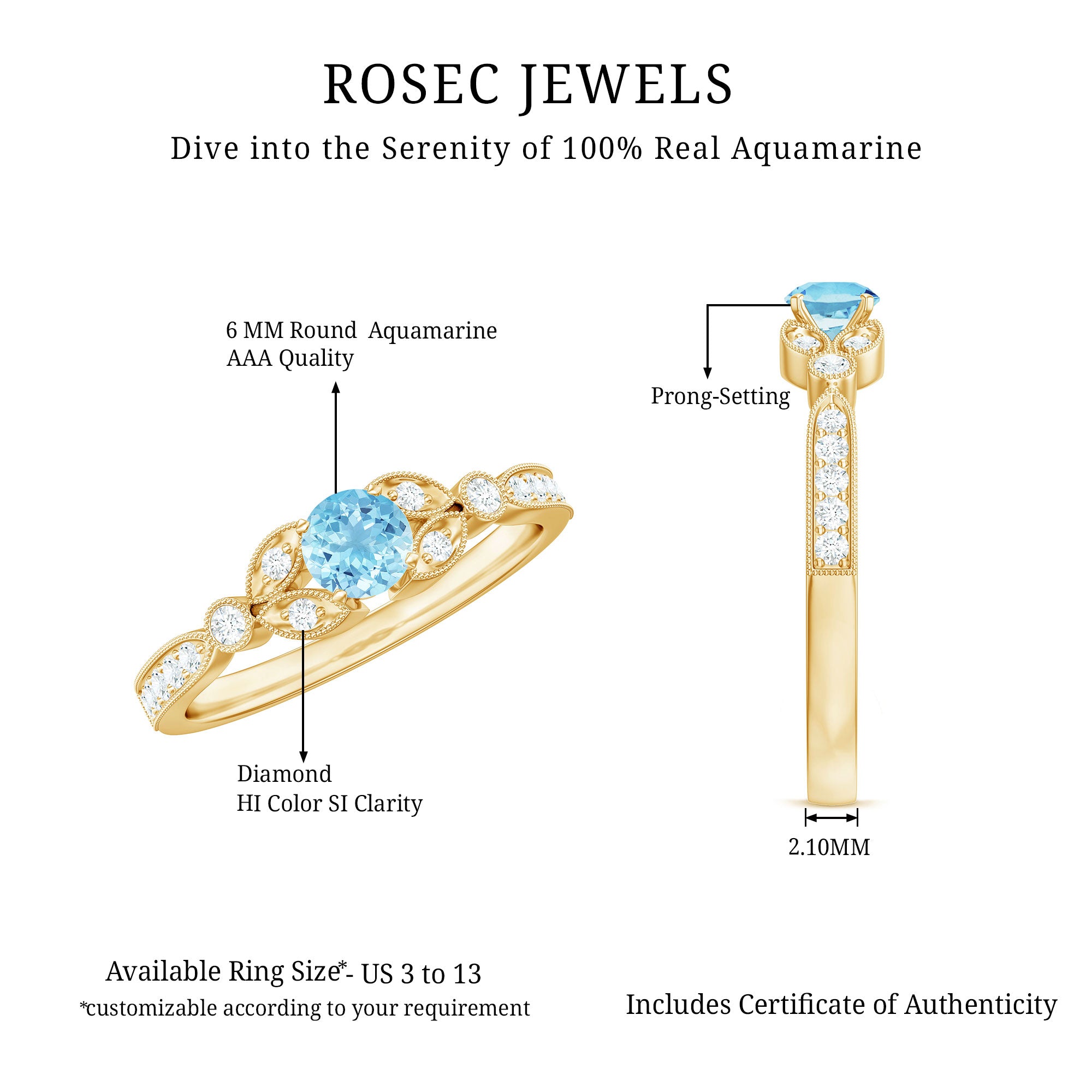 Rosec Jewels-Natural Aquamarine Diamond Engagement Ring With Certificate