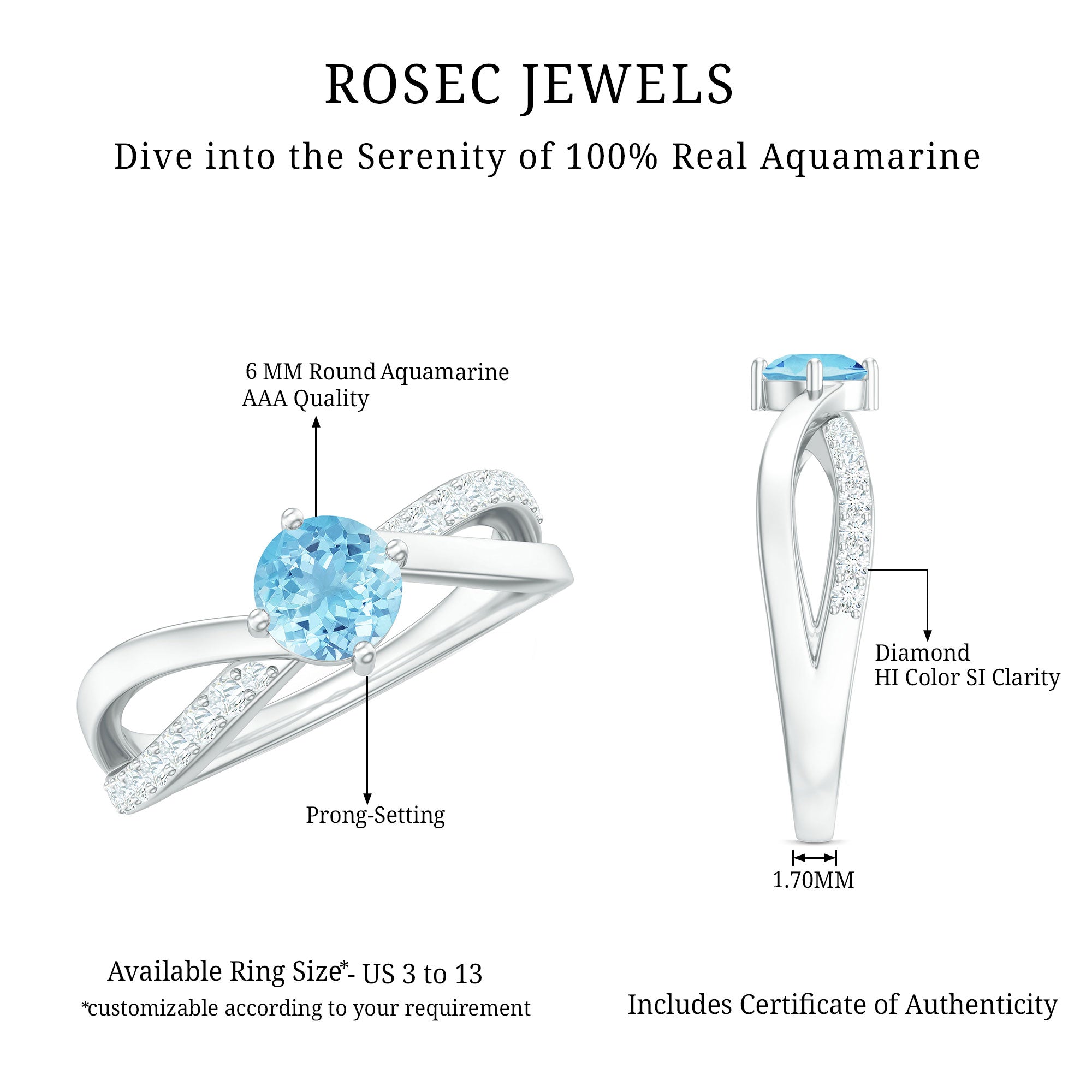 Rosec Jewels-Genuine Aquamarine Engagement Ring with Diamond Infinity Shank