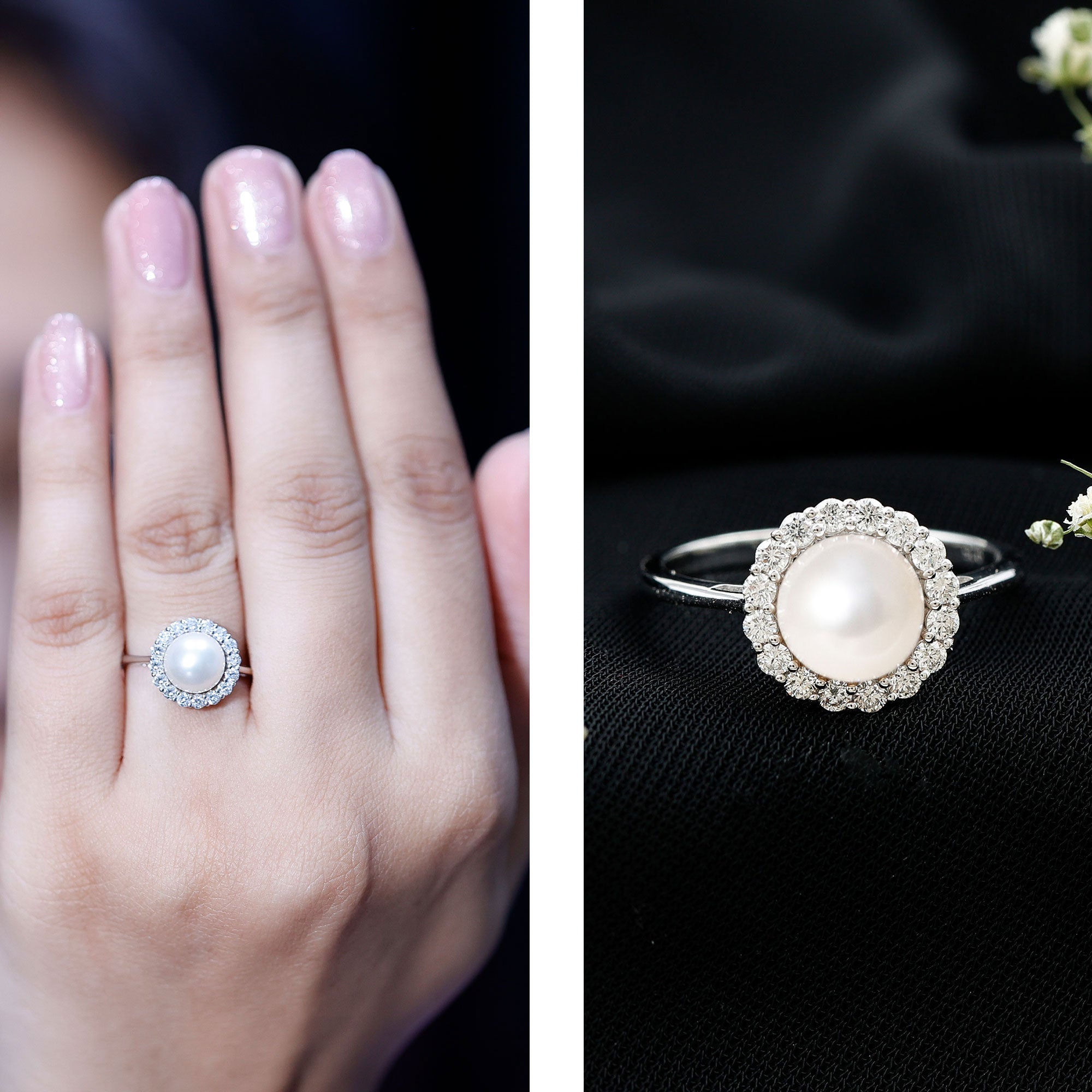 Real 7.4 Carat Freshwater Pearl Engagement Ring with Diamond Halo AAA - Rosec Jewels