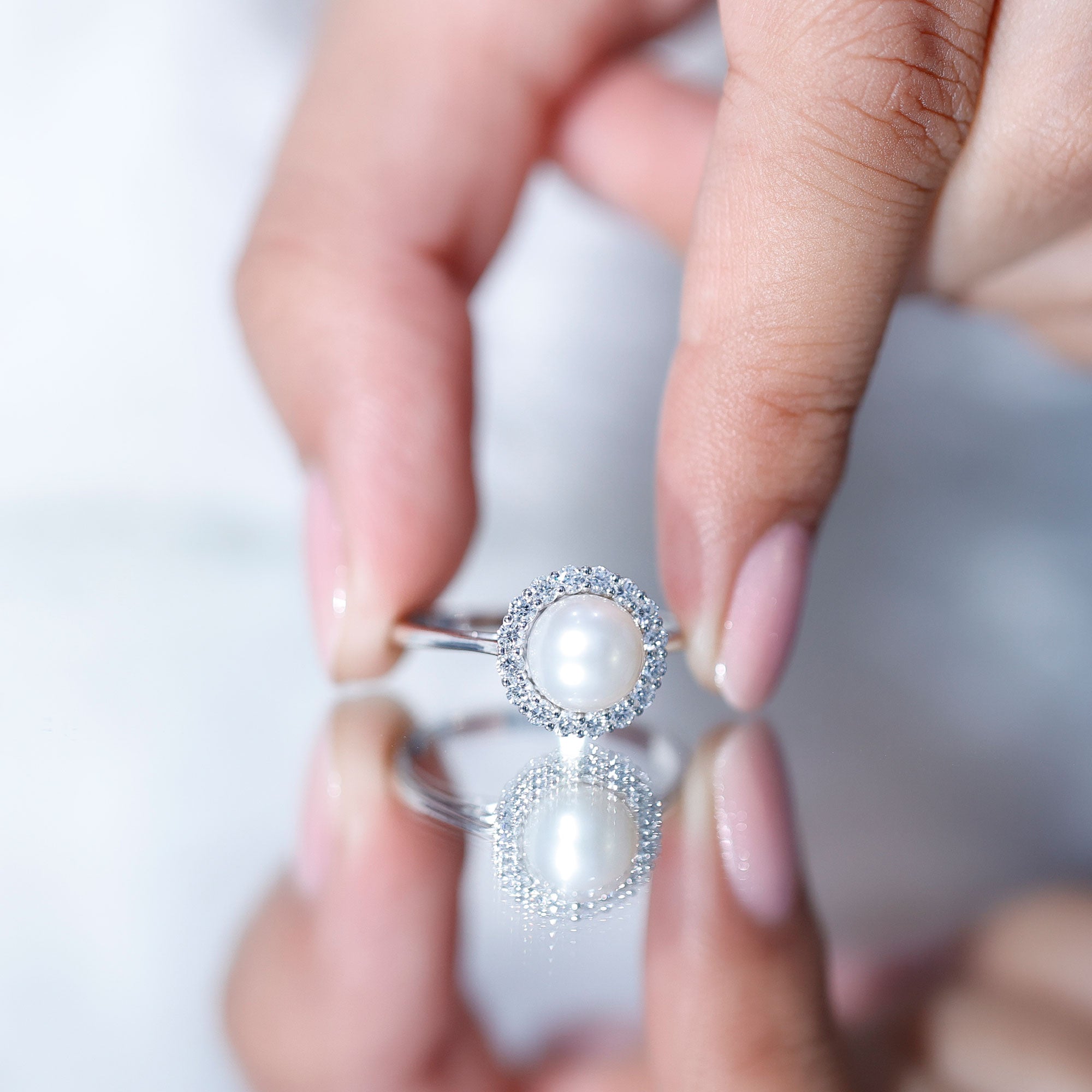 Real 7.4 Carat Freshwater Pearl Engagement Ring with Diamond Halo AAA - Rosec Jewels