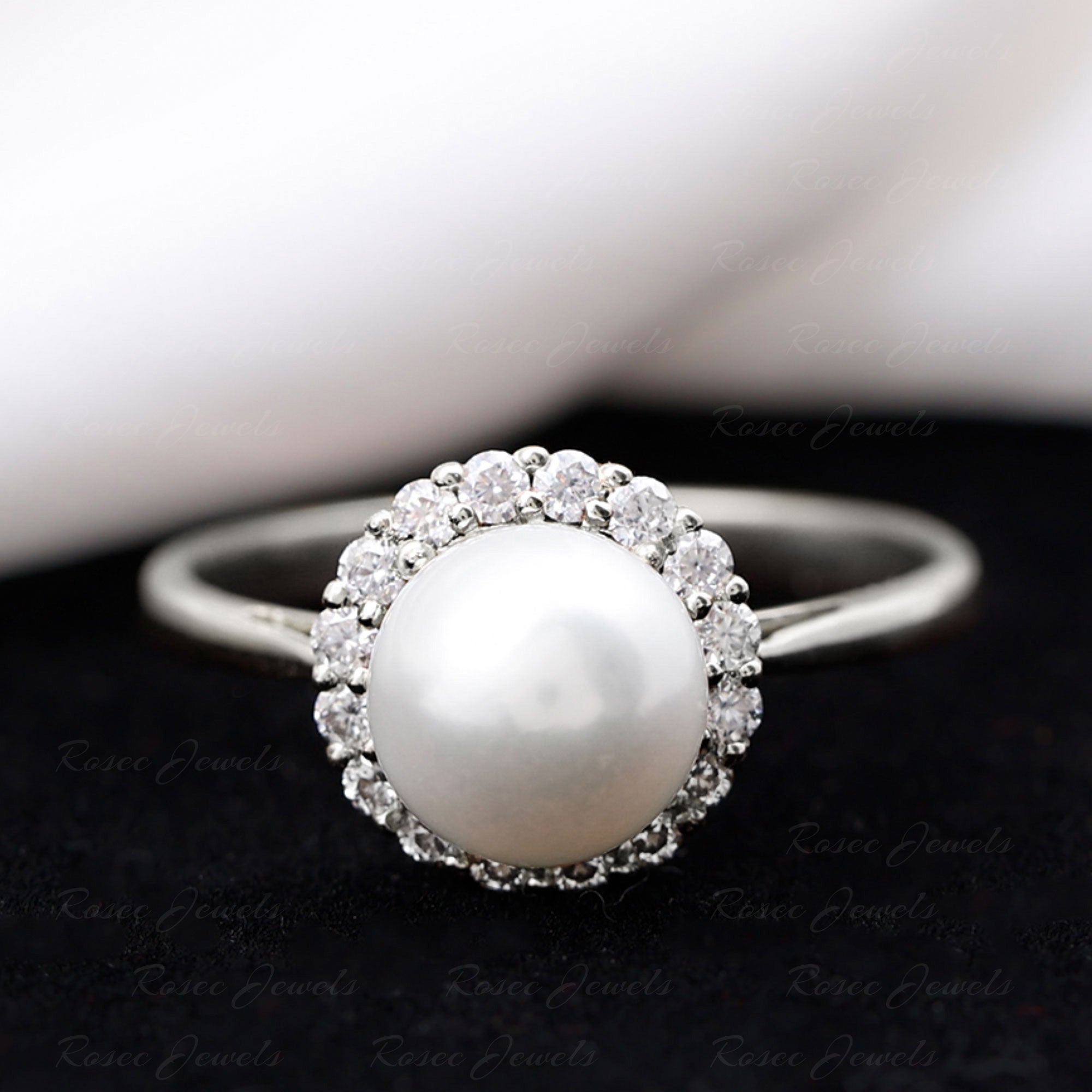 Real 7.4 Carat Freshwater Pearl Engagement Ring with Diamond Halo AAA - Rosec Jewels