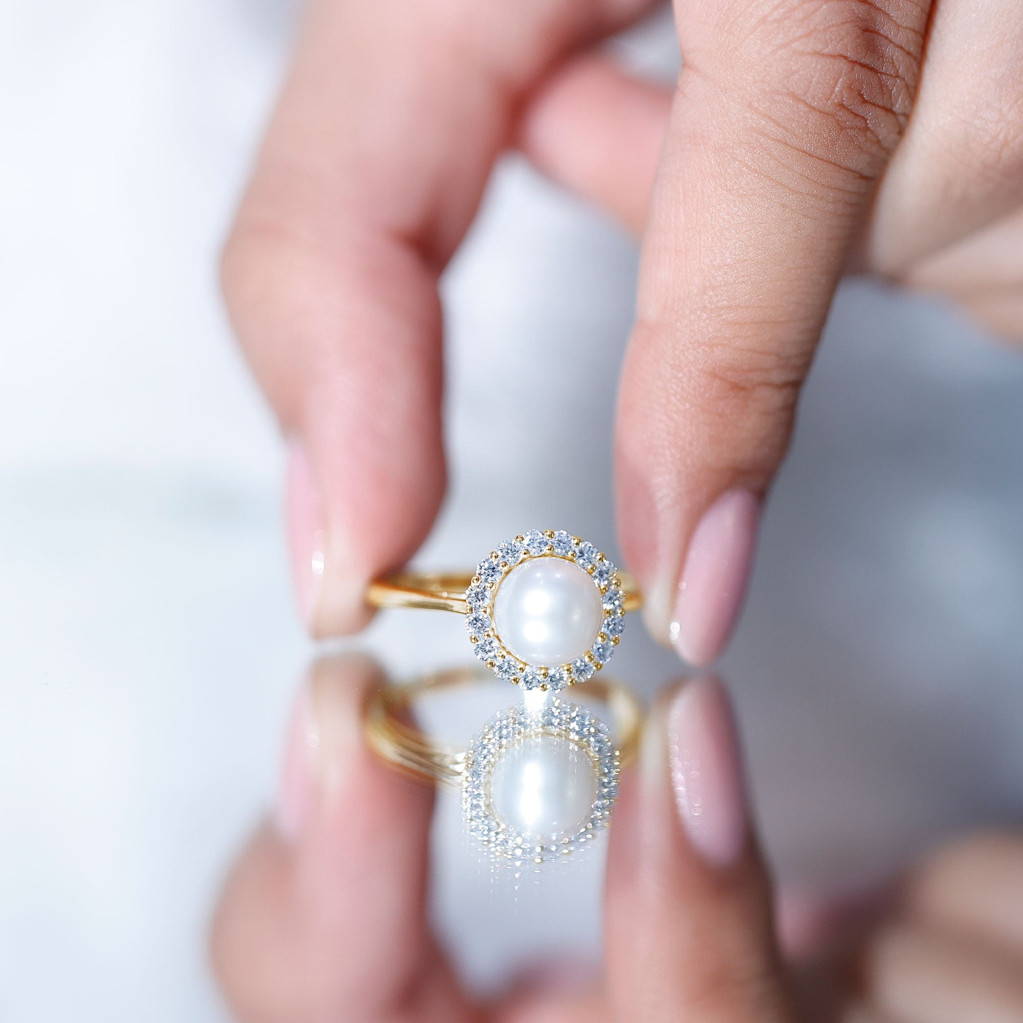 Real 7.4 Carat Freshwater Pearl Engagement Ring with Diamond Halo AAA - Rosec Jewels
