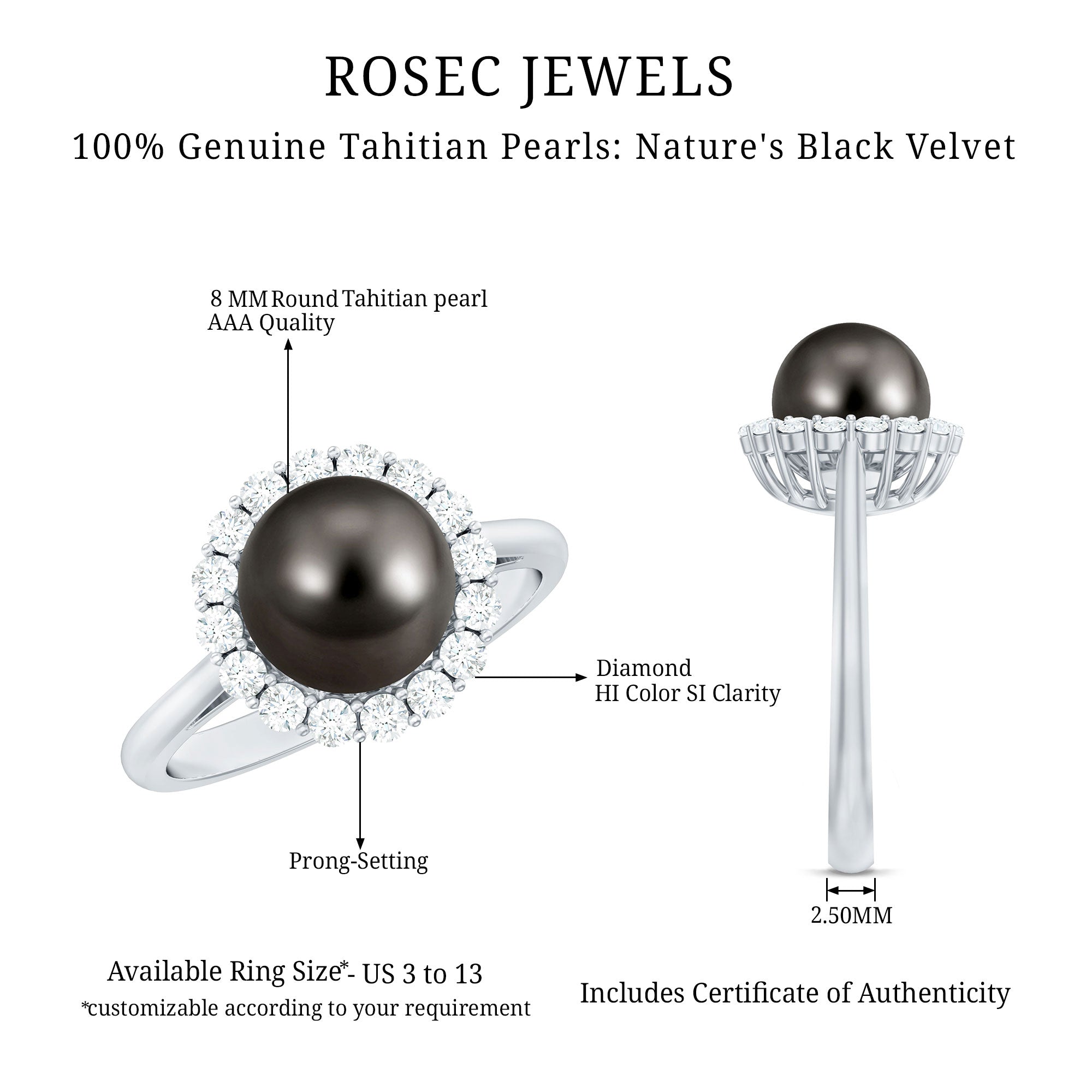 Natural Tahitian Pearl and Diamond Halo Engagement Ring AAA - Rosec Jewels