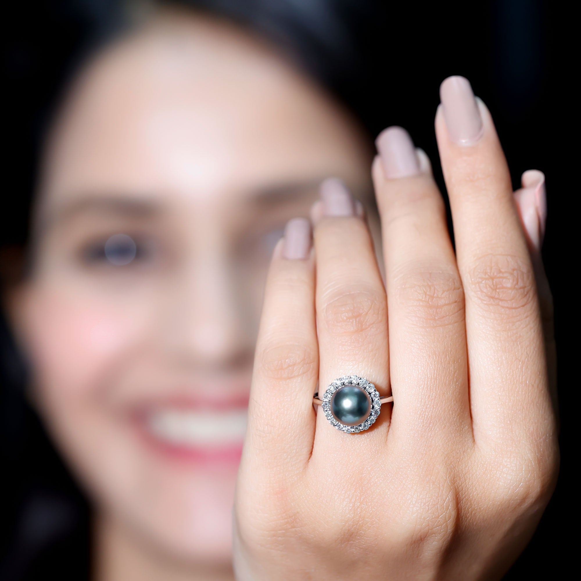 Natural Tahitian Pearl and Diamond Halo Engagement Ring AAA - Rosec Jewels
