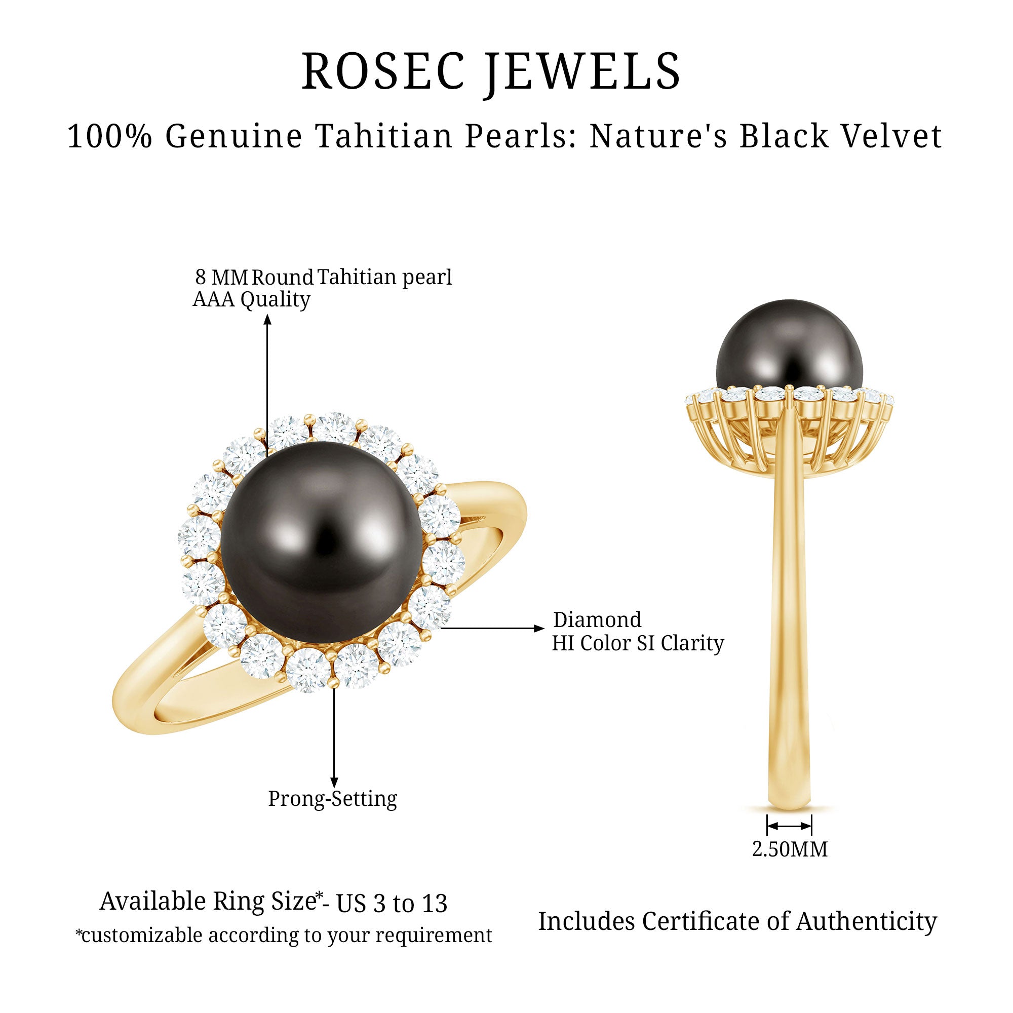 Natural Tahitian Pearl and Diamond Halo Engagement Ring AAA - Rosec Jewels