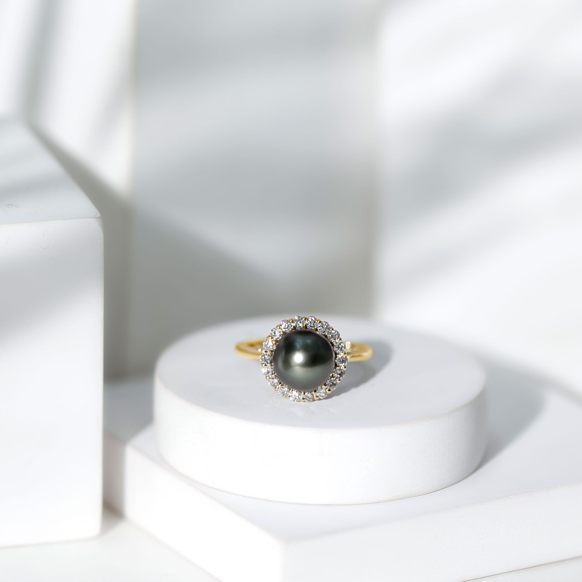Natural Tahitian Pearl and Diamond Halo Engagement Ring AAA - Rosec Jewels