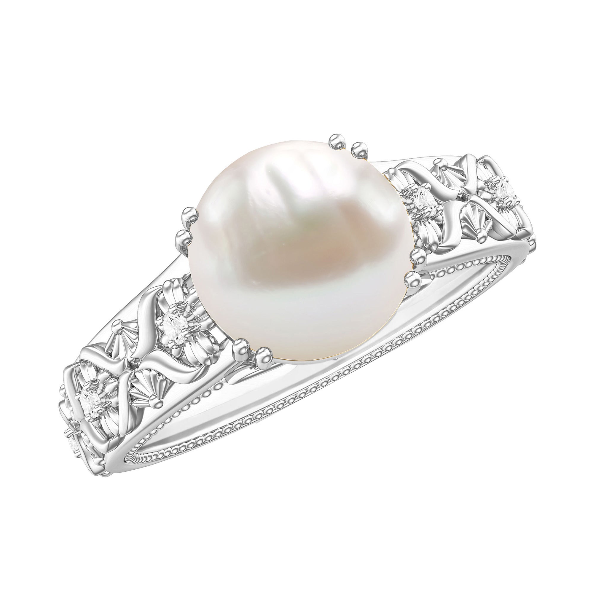 Nature Inspired 7.4 Carat Freshwater Pearl Diamond Engagement Ring AAA - Rosec Jewels