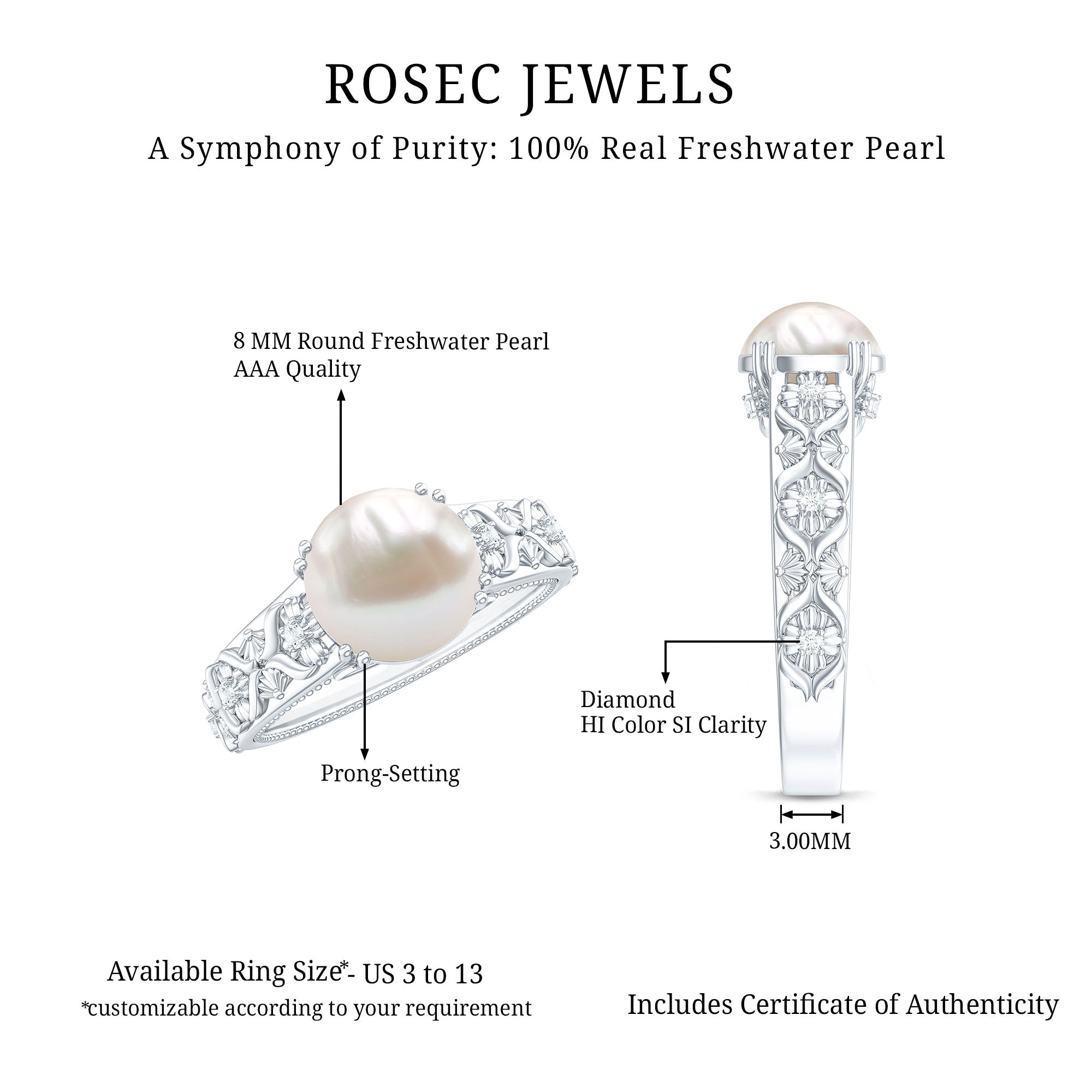 Nature Inspired 7.4 Carat Freshwater Pearl Diamond Engagement Ring AAA - Rosec Jewels