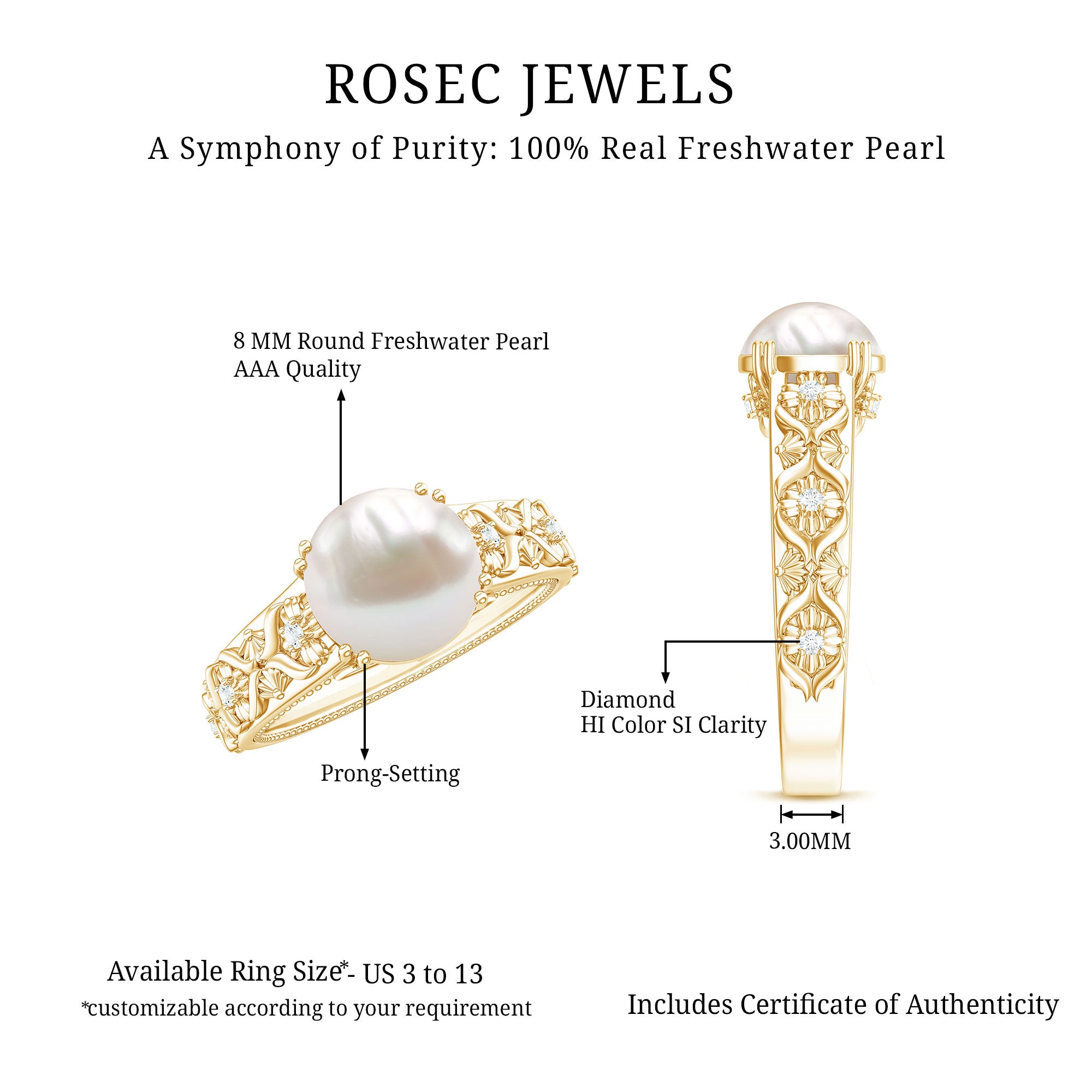 Nature Inspired 7.4 Carat Freshwater Pearl Diamond Engagement Ring AAA - Rosec Jewels