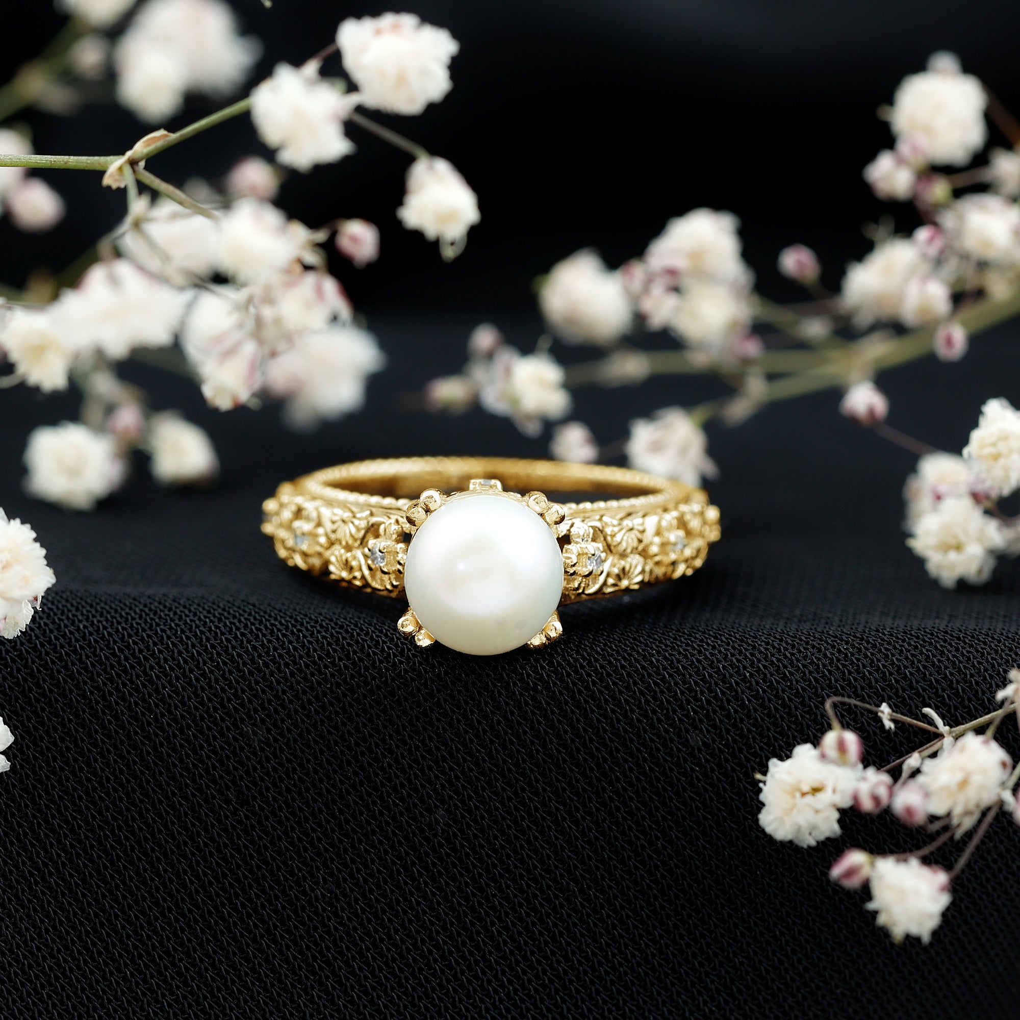 Nature Inspired 7.4 Carat Freshwater Pearl Diamond Engagement Ring AAA - Rosec Jewels