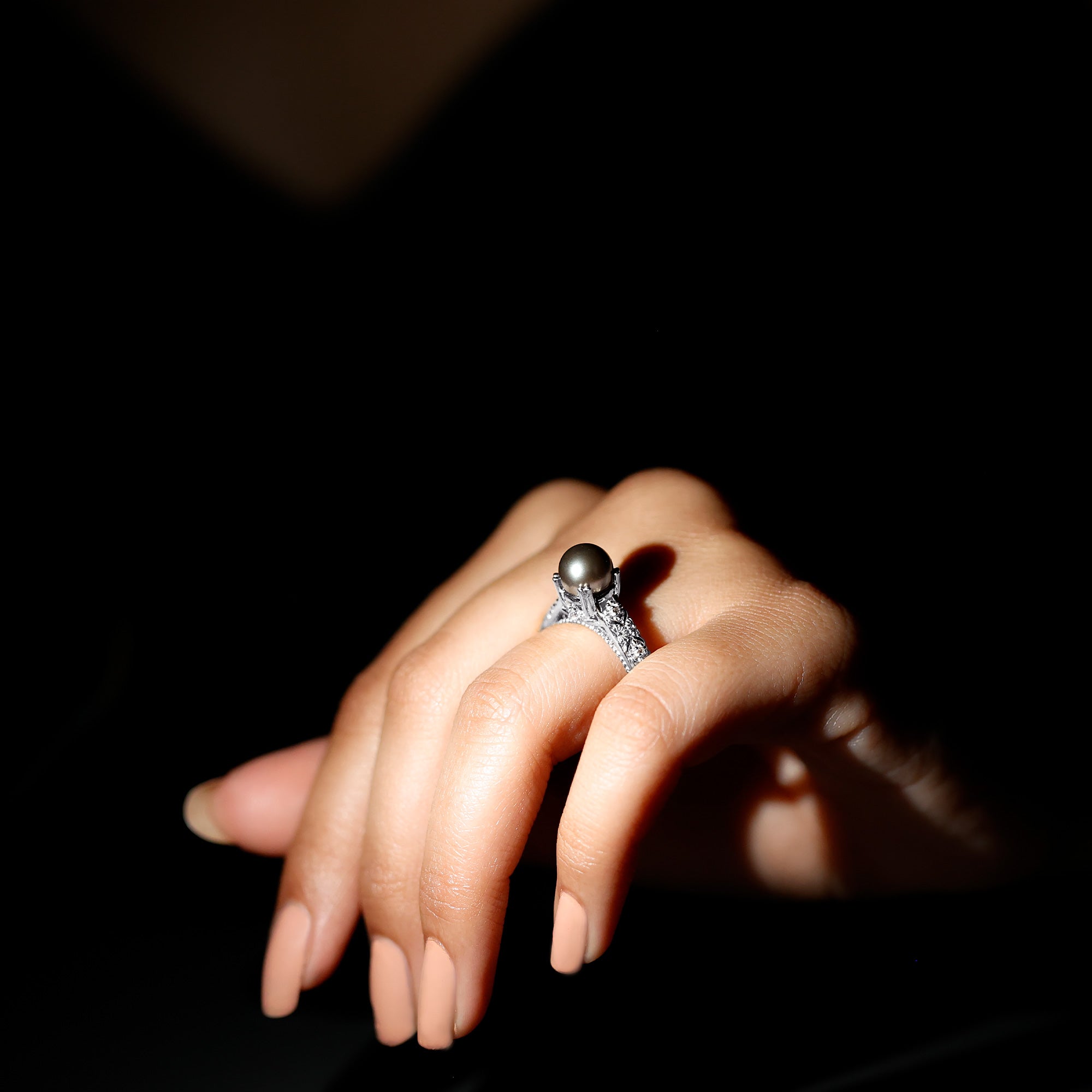 Rosec Jewels-Vintage Tahitian Pearl Solitaire Engagement Ring with Diamond