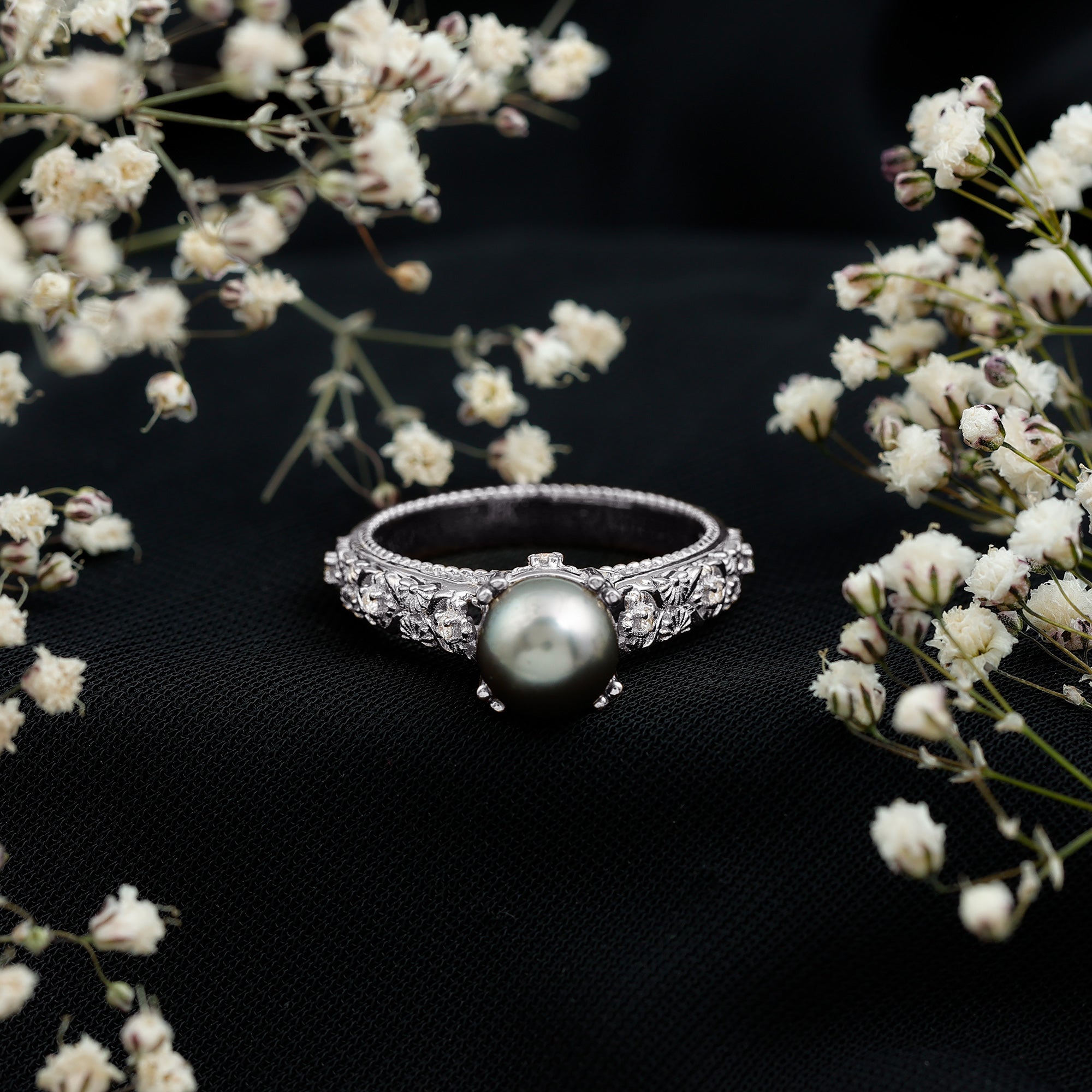 Rosec Jewels-Vintage Tahitian Pearl Solitaire Engagement Ring with Diamond