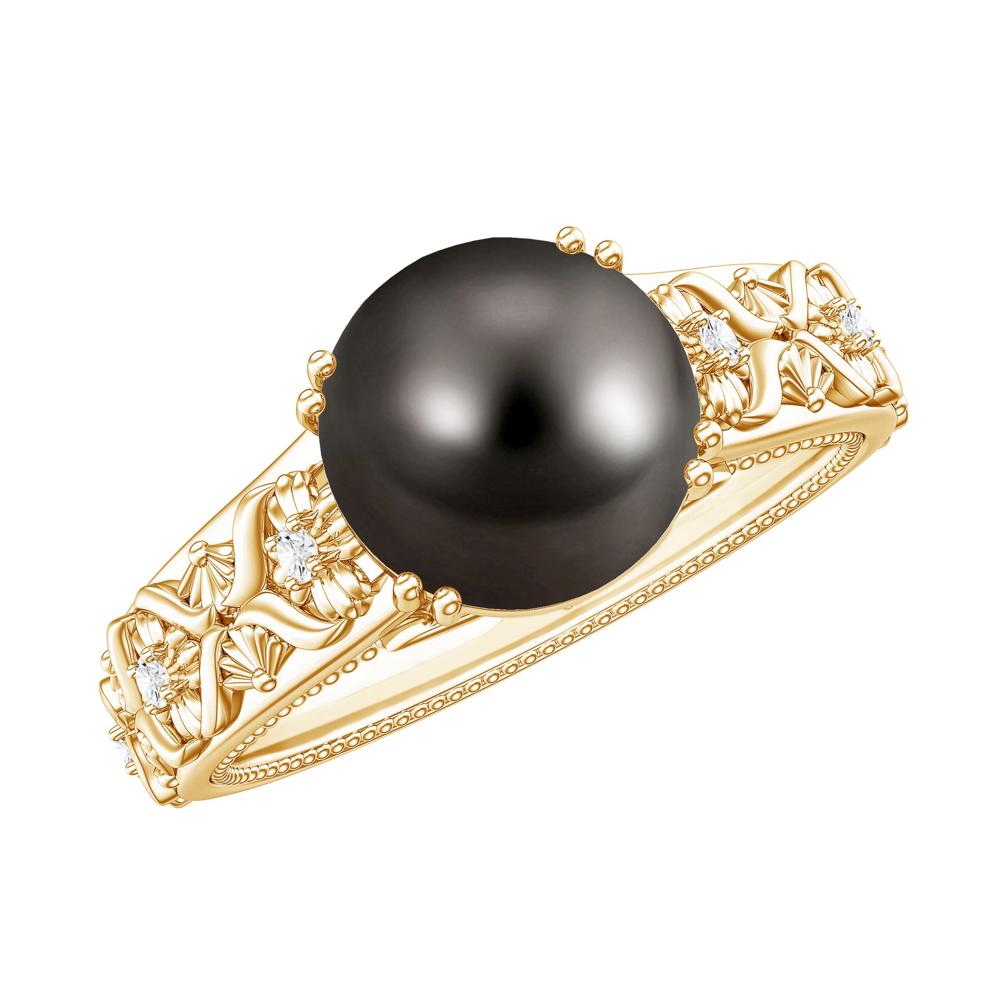 Rosec Jewels-Vintage Tahitian Pearl Solitaire Engagement Ring with Diamond