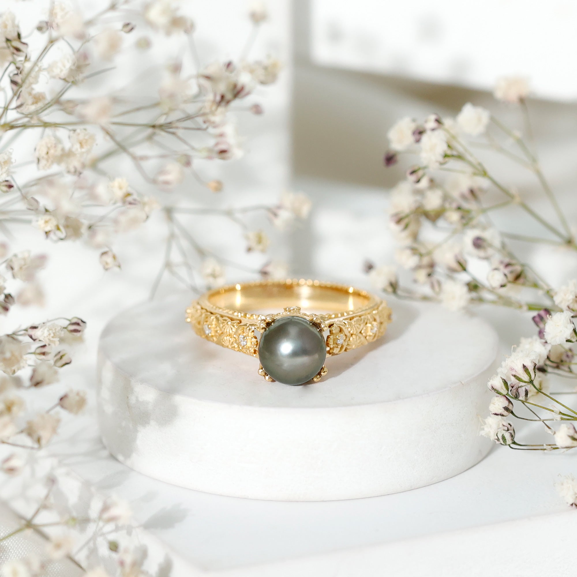Rosec Jewels-Vintage Tahitian Pearl Solitaire Engagement Ring with Diamond