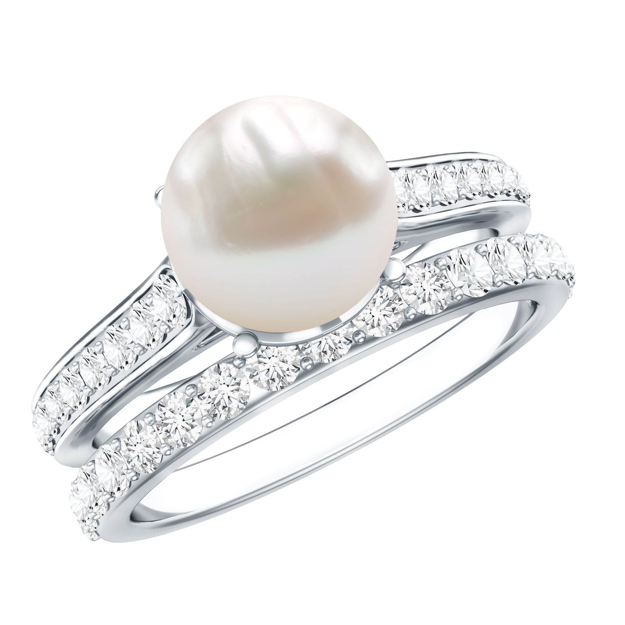 Natural White Pearl Wedding Bridal Ring Set with Moissanite AAA - Rosec Jewels