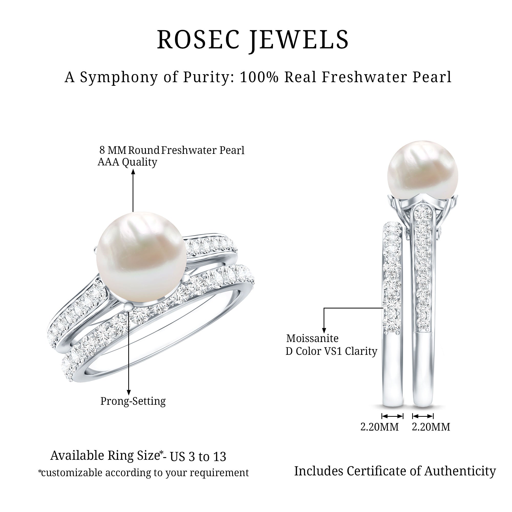 Natural White Pearl Wedding Bridal Ring Set with Moissanite AAA - Rosec Jewels