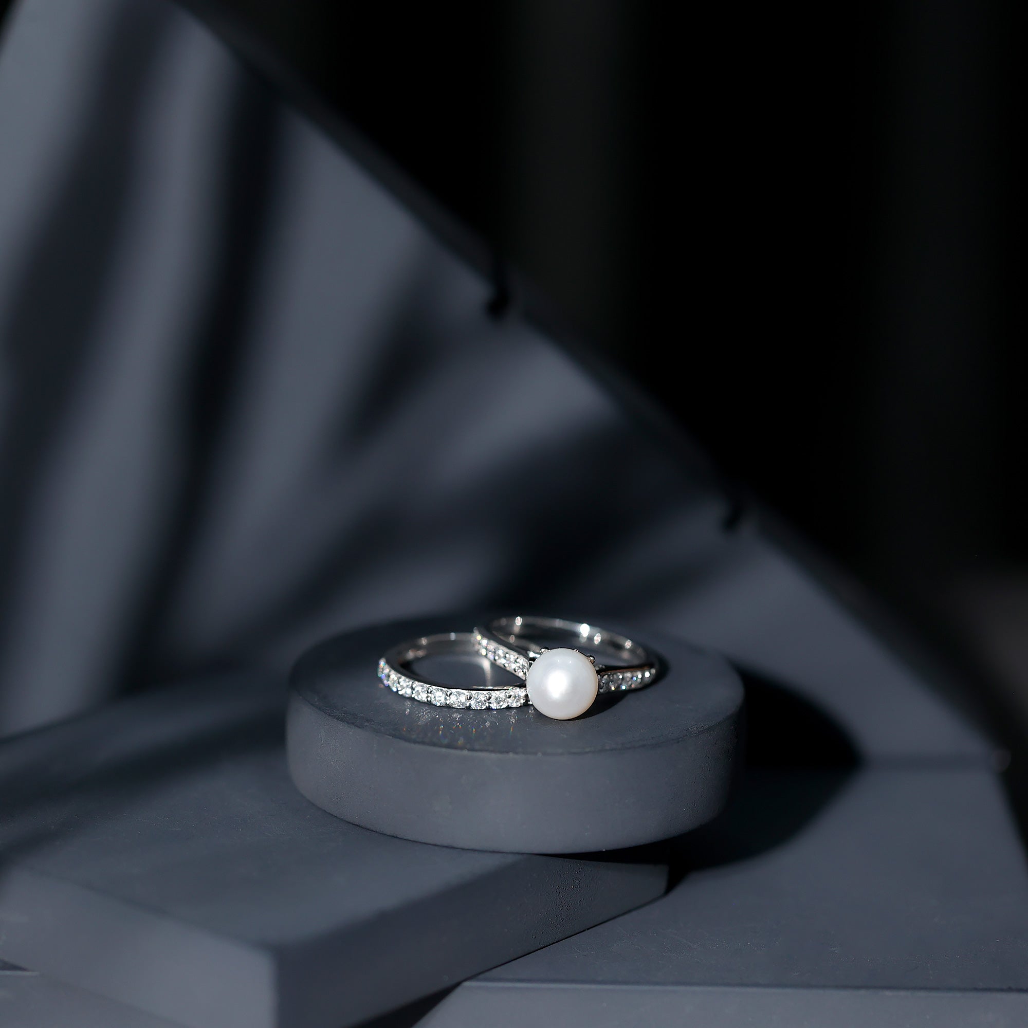 Natural White Pearl Wedding Bridal Ring Set with Moissanite AAA - Rosec Jewels
