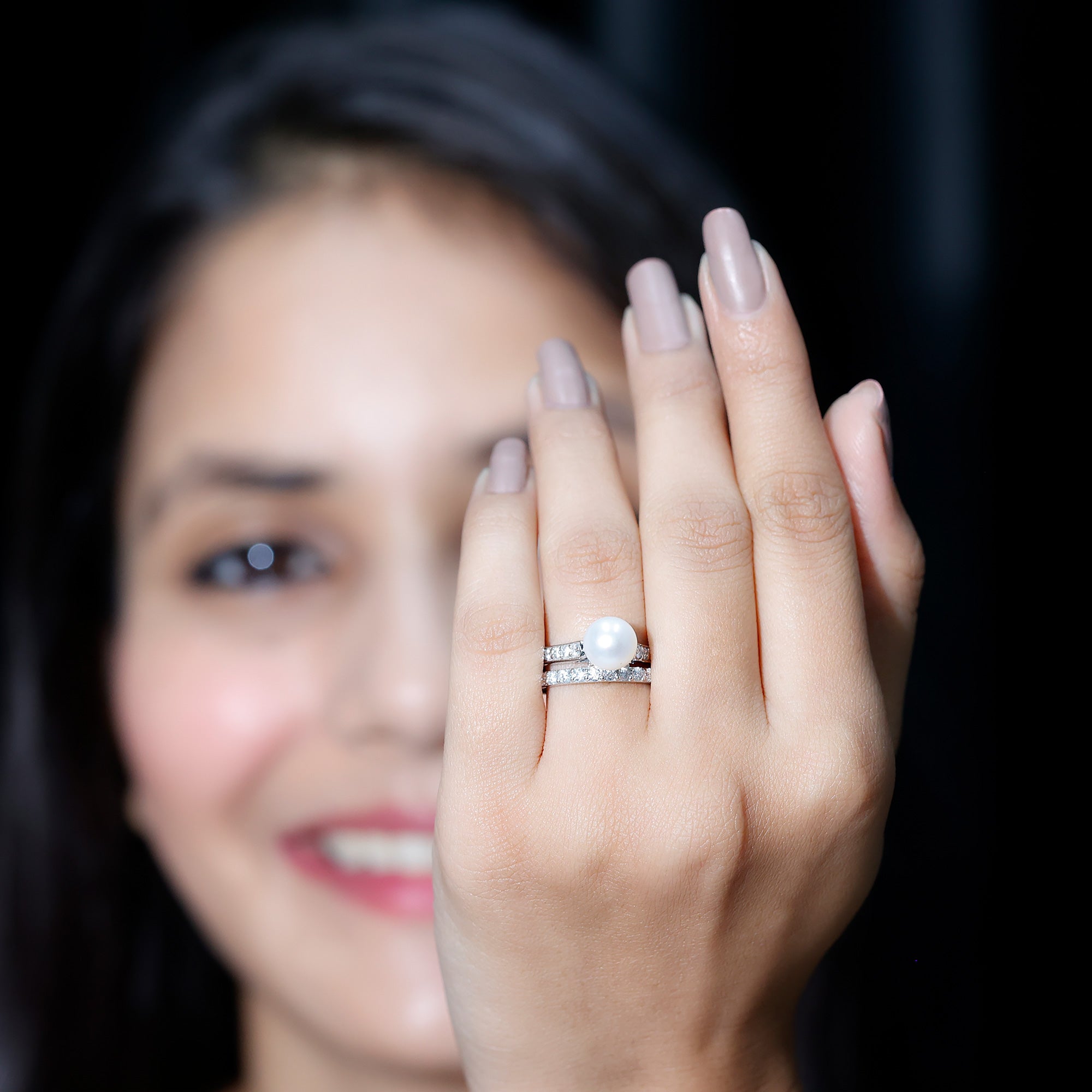 Natural White Pearl Wedding Bridal Ring Set with Moissanite AAA - Rosec Jewels