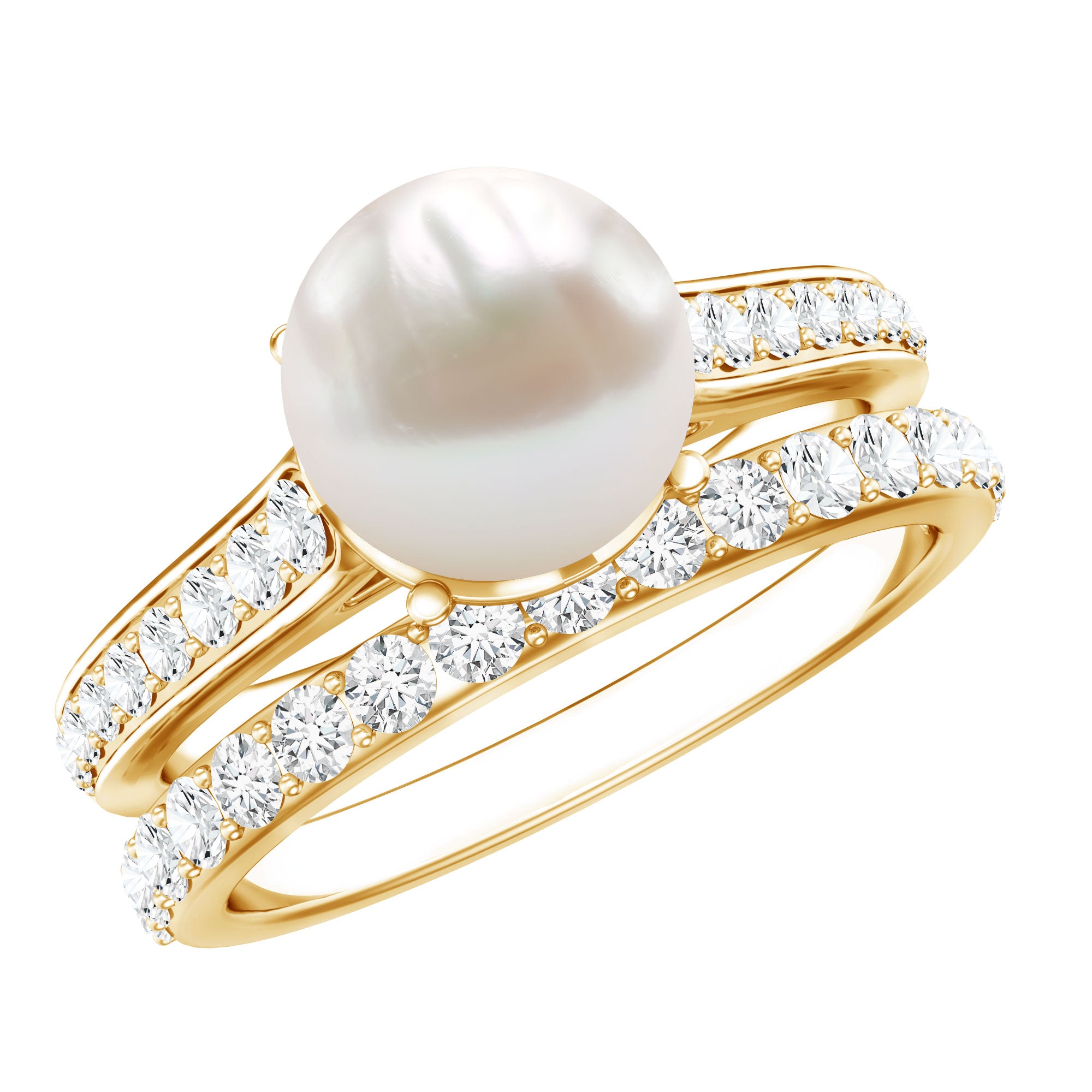 Natural White Pearl Wedding Bridal Ring Set with Moissanite AAA - Rosec Jewels