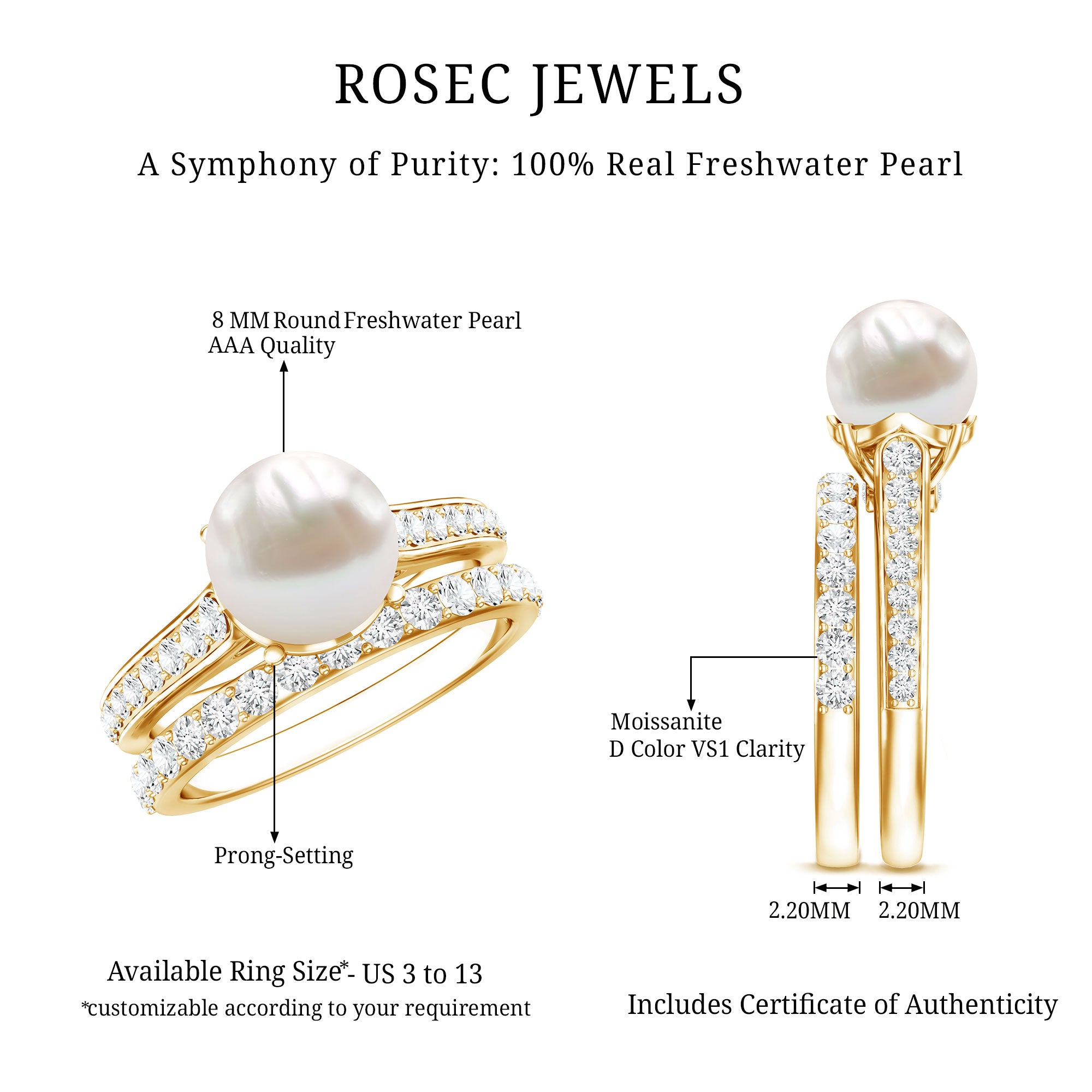 Natural White Pearl Wedding Bridal Ring Set with Moissanite AAA - Rosec Jewels