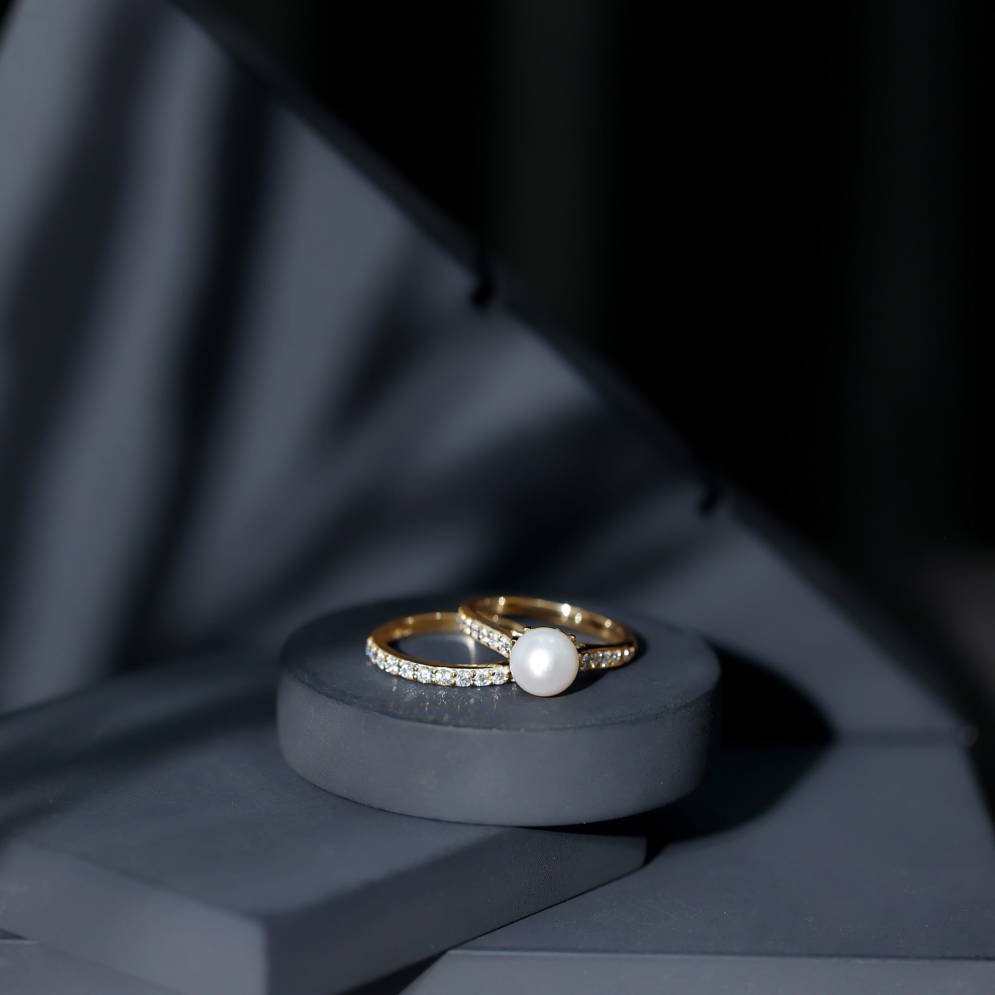 Natural White Pearl Wedding Bridal Ring Set with Moissanite AAA - Rosec Jewels