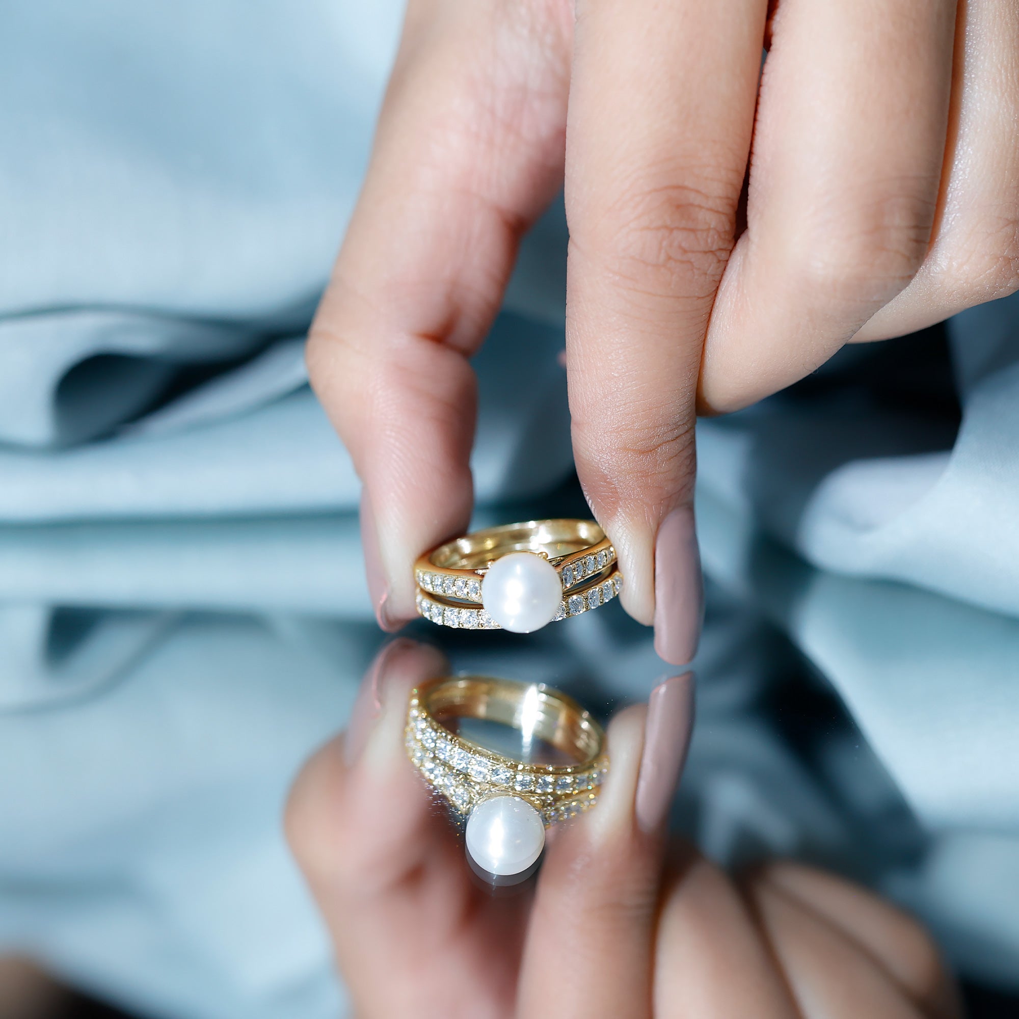 Natural White Pearl Wedding Bridal Ring Set with Moissanite AAA - Rosec Jewels