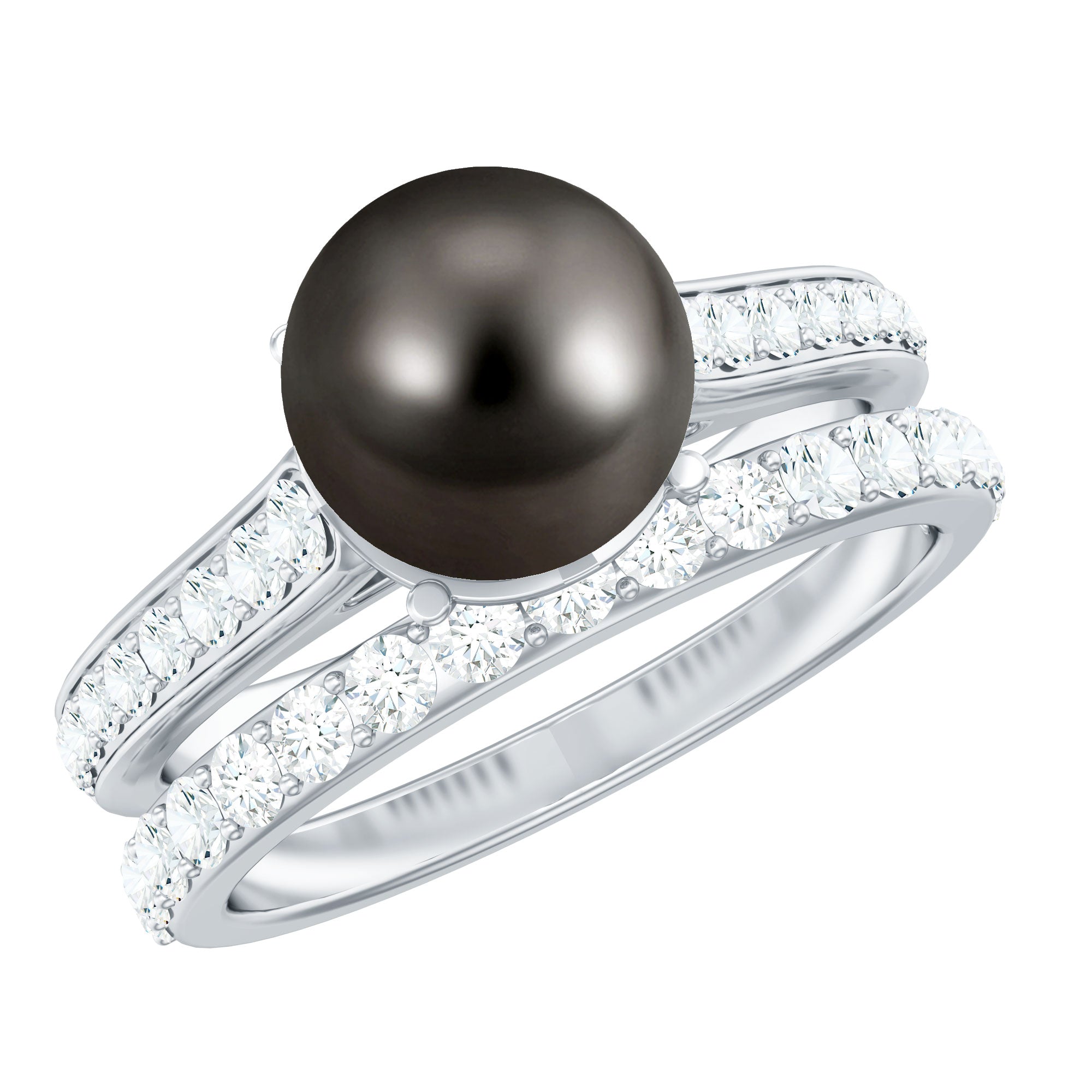 Elegant Wedding Ring Set with 9.75 CT Tahitian Pearl and Moissanite AAA - Rosec Jewels
