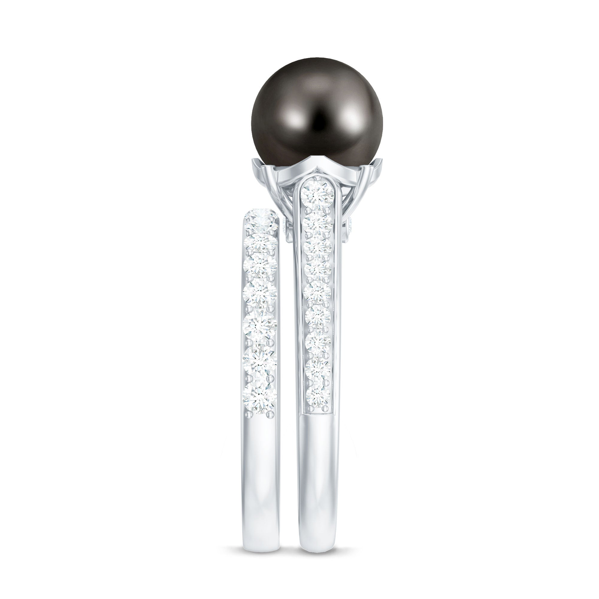 Elegant Wedding Ring Set with 9.75 CT Tahitian Pearl and Moissanite AAA - Rosec Jewels