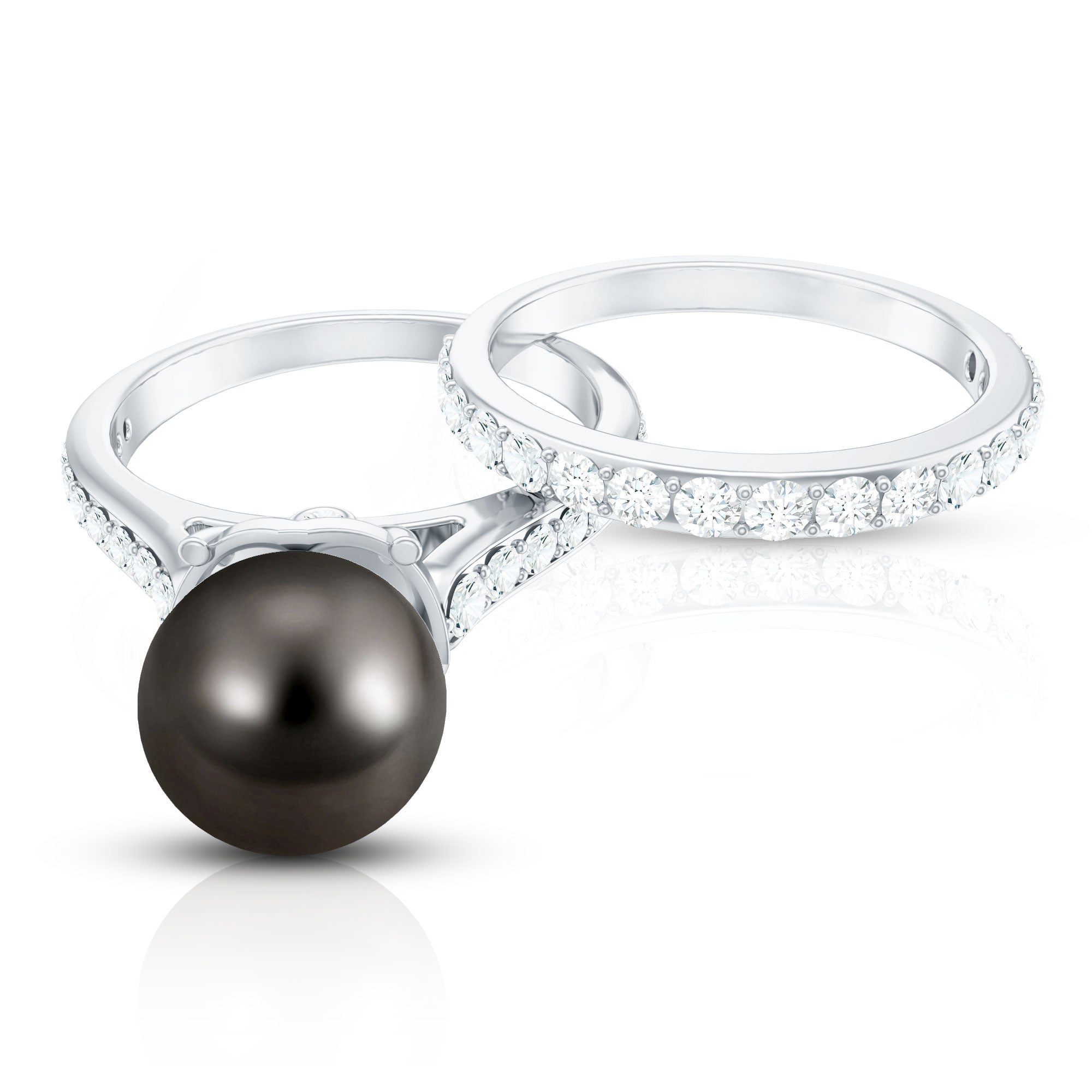 Elegant Wedding Ring Set with 9.75 CT Tahitian Pearl and Moissanite AAA - Rosec Jewels