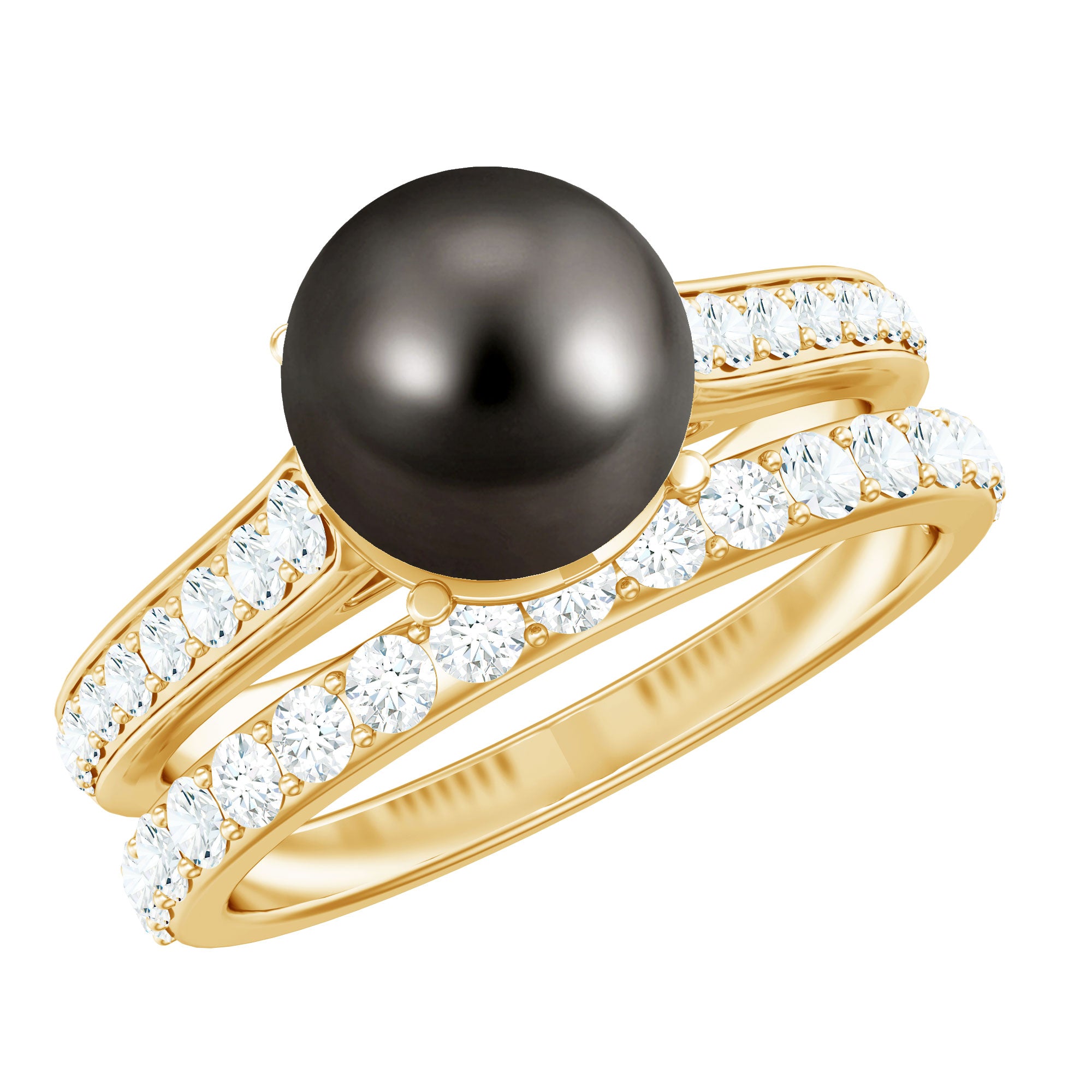 Elegant Wedding Ring Set with 9.75 CT Tahitian Pearl and Moissanite AAA - Rosec Jewels