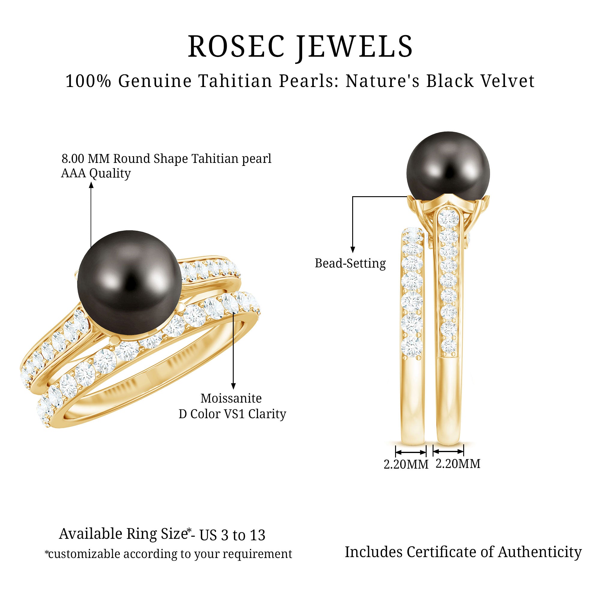 Elegant Wedding Ring Set with 9.75 CT Tahitian Pearl and Moissanite AAA - Rosec Jewels
