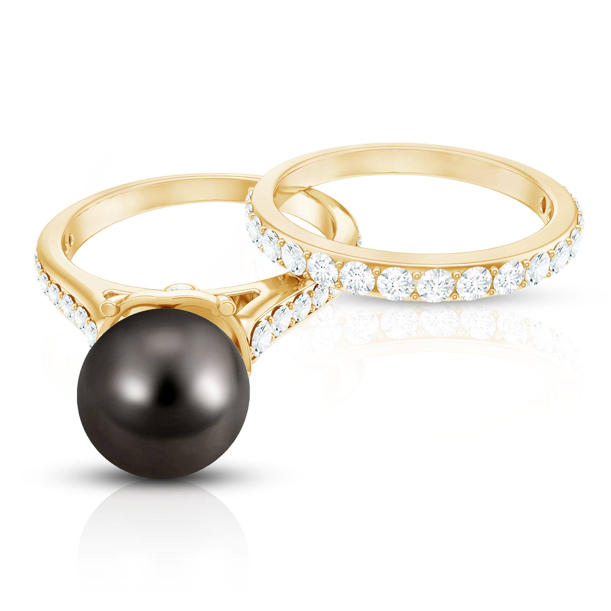 Elegant Wedding Ring Set with 9.75 CT Tahitian Pearl and Moissanite AAA - Rosec Jewels