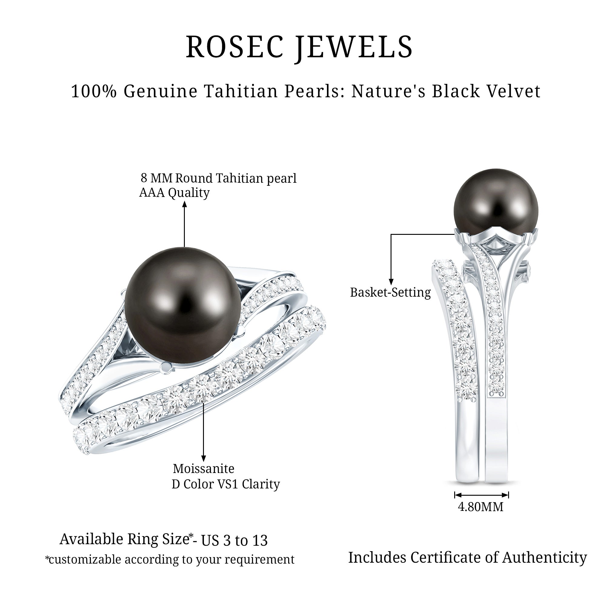 Rosec Jewels-Designer Tahitian Black Pearl Wedding Ring Set with Moissanite