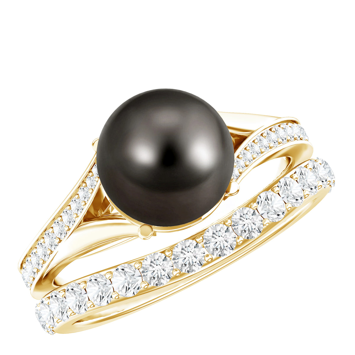 Designer Tahitian Black Pearl Wedding Ring Set with Moissanite  Rosec ...