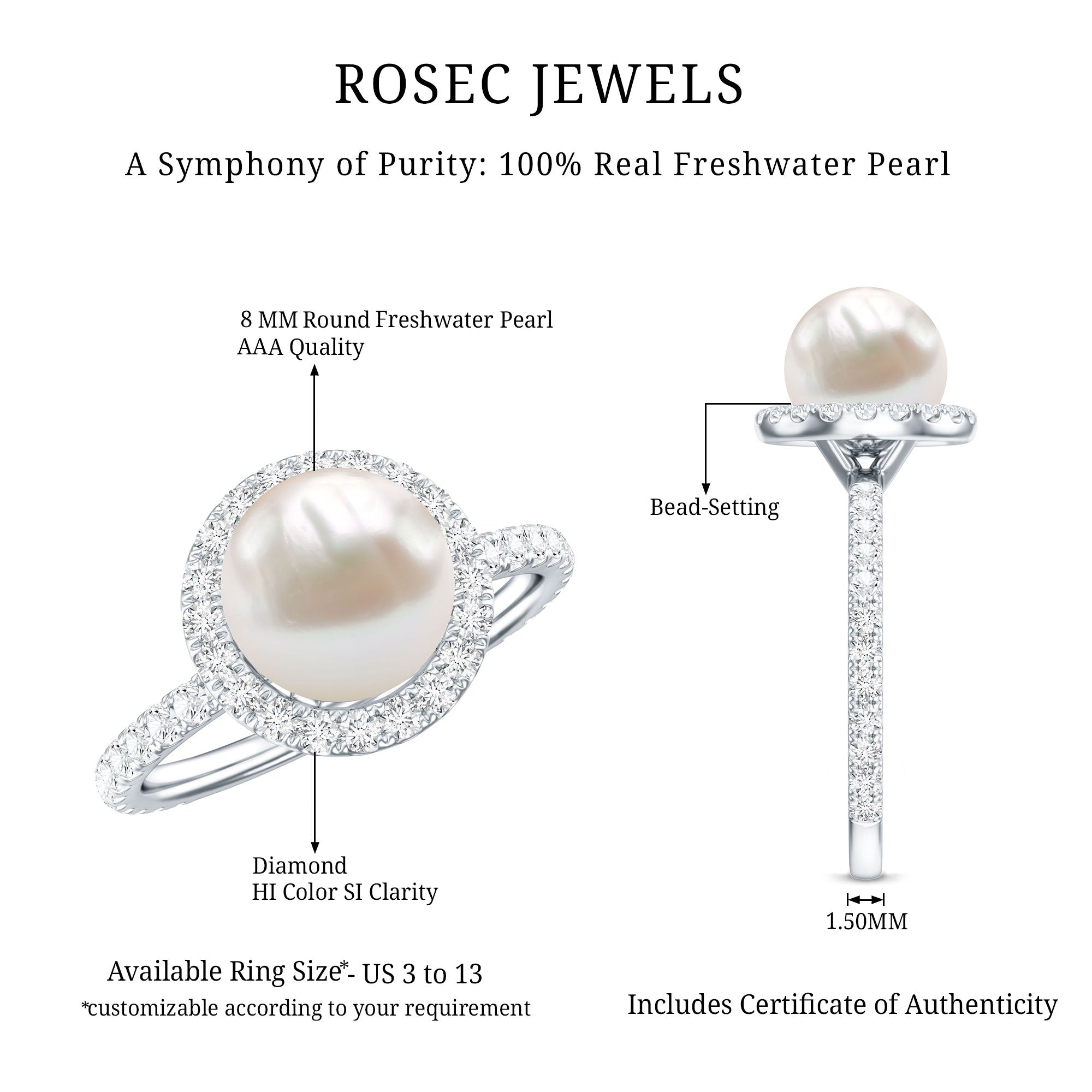 Rosec Jewels-Cultured 7.4 Carat Freshwater Pearl Diamond Engagement Ring with Halo