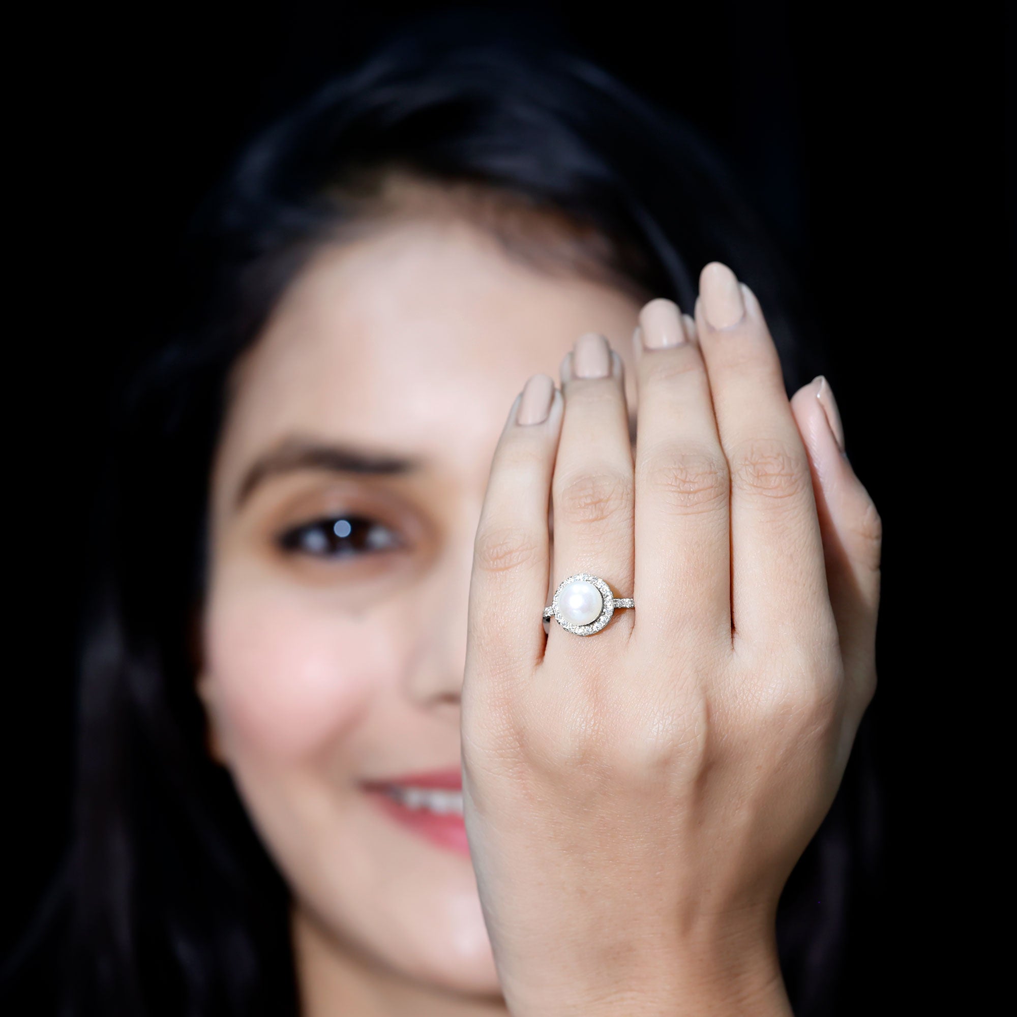 Rosec Jewels-Cultured 7.4 Carat Freshwater Pearl Diamond Engagement Ring with Halo