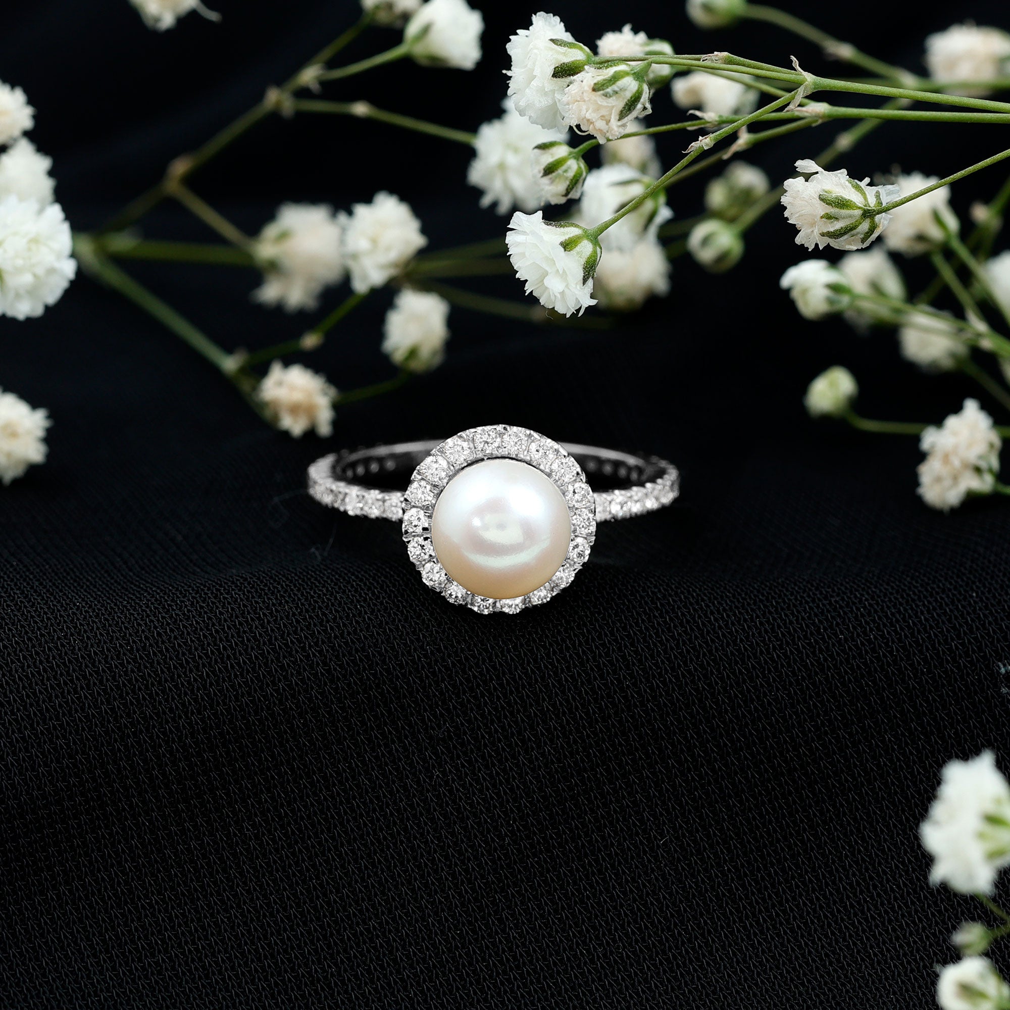 Rosec Jewels-Cultured 7.4 Carat Freshwater Pearl Diamond Engagement Ring with Halo