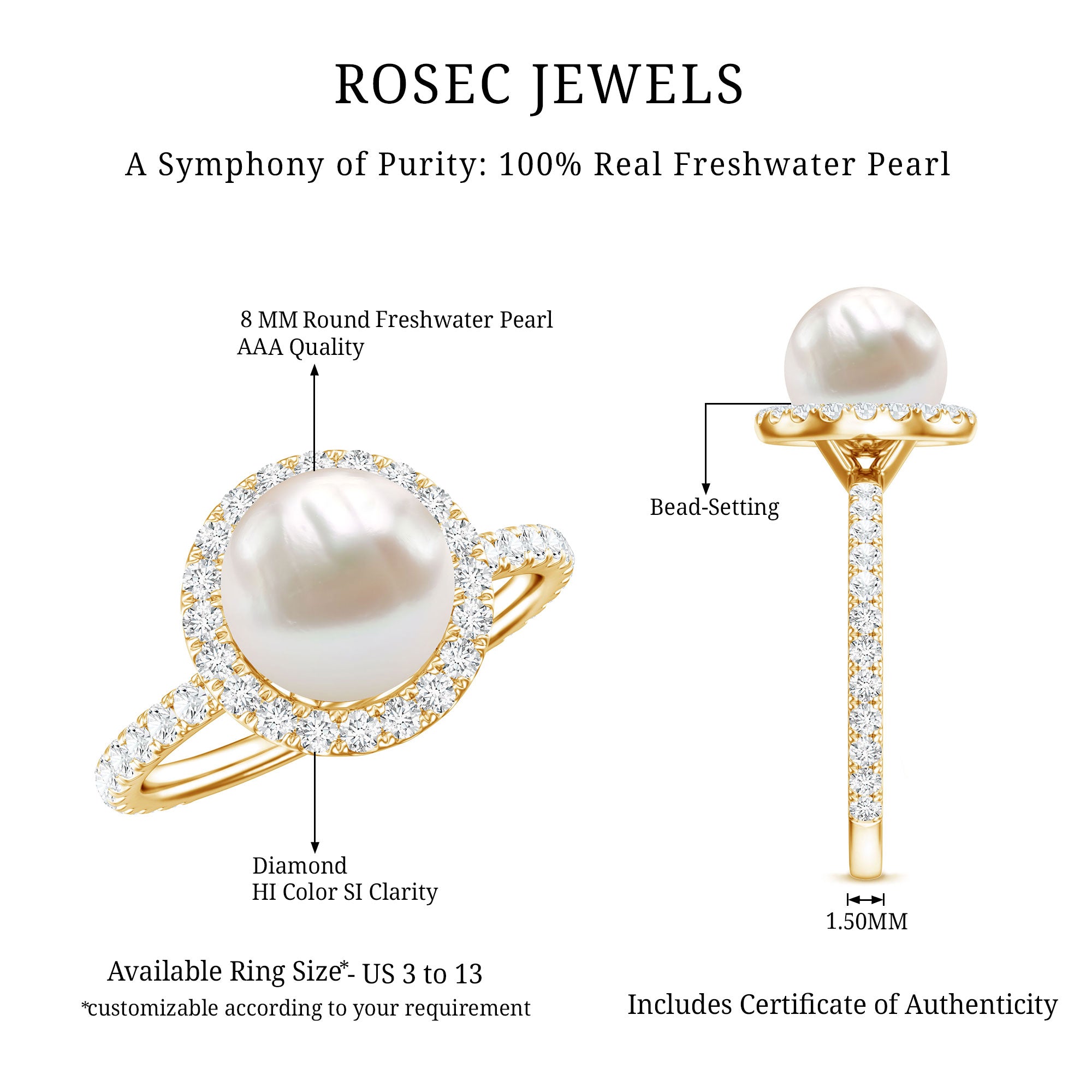 Rosec Jewels-Cultured 7.4 Carat Freshwater Pearl Diamond Engagement Ring with Halo