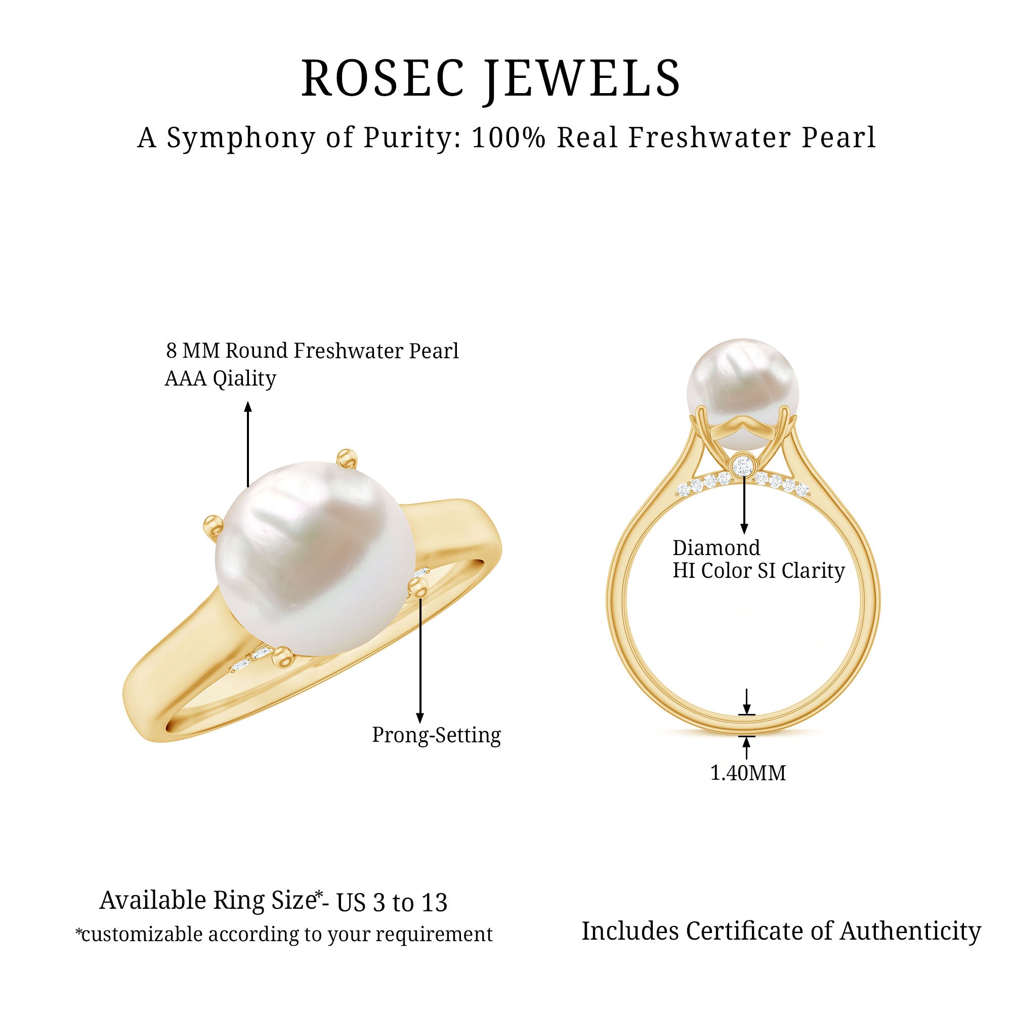 Freshwater Pearl Solitaire with Diamond Ring AAA - Rosec Jewels