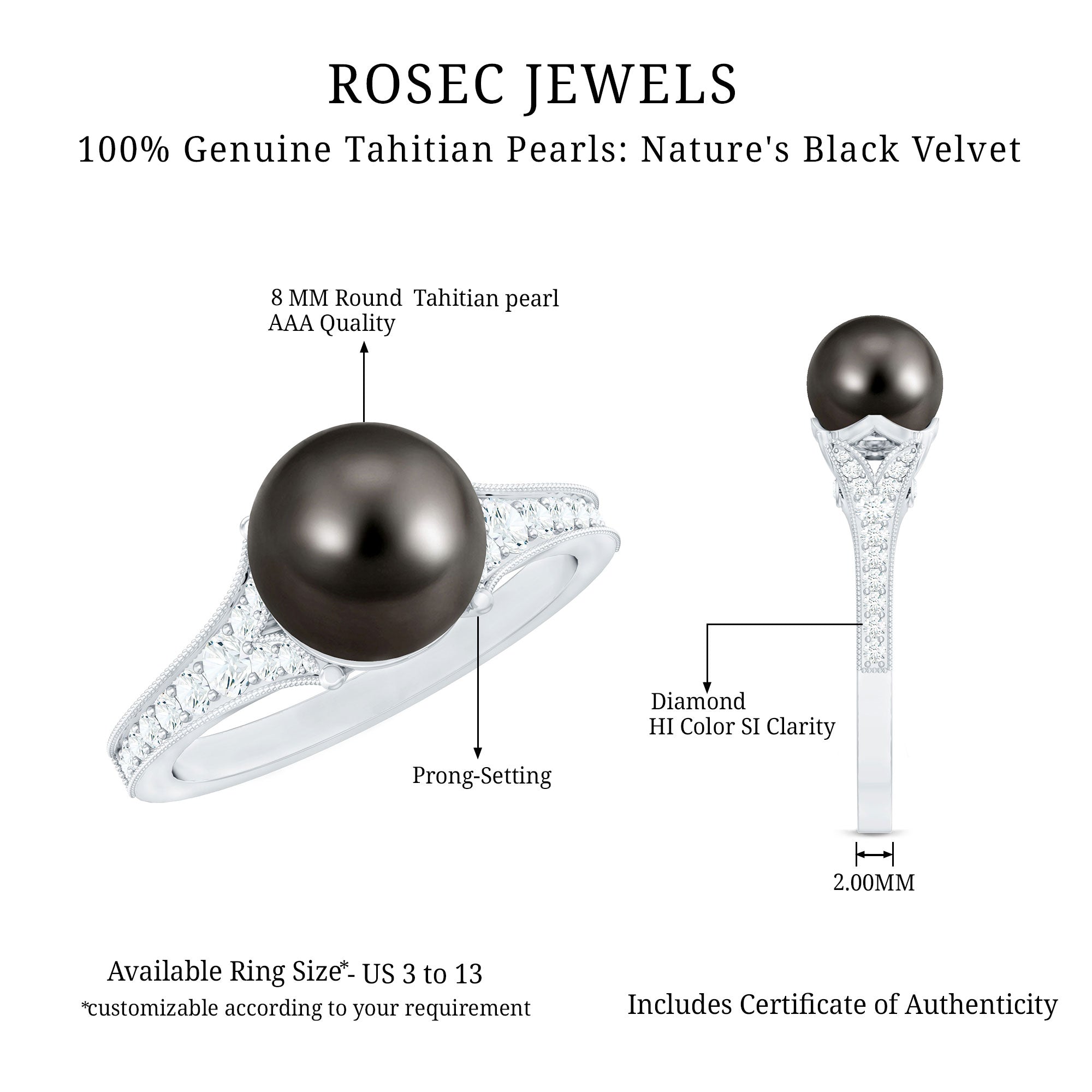 8 CT Tahitian Black Pearl Cathedral Engagement Ring with Diamonds AAA - Rosec Jewels