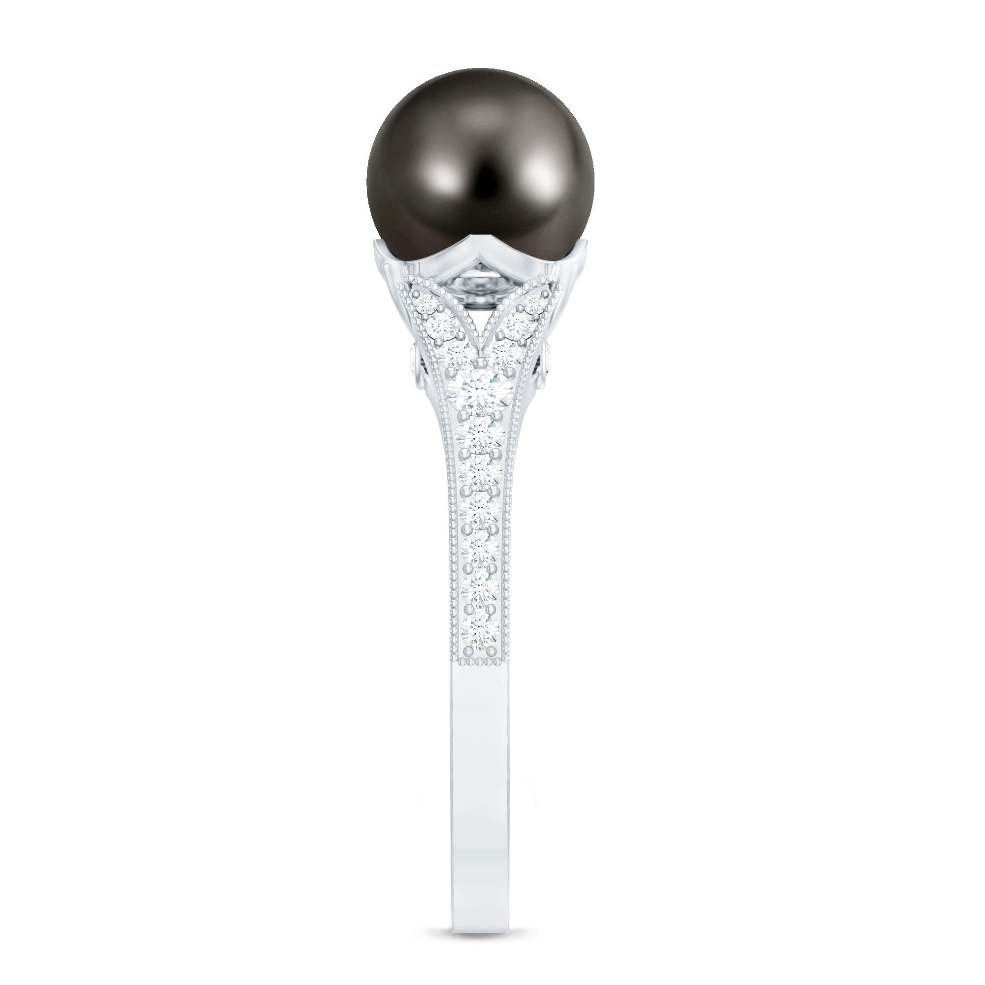 8 CT Tahitian Black Pearl Cathedral Engagement Ring with Diamonds AAA - Rosec Jewels