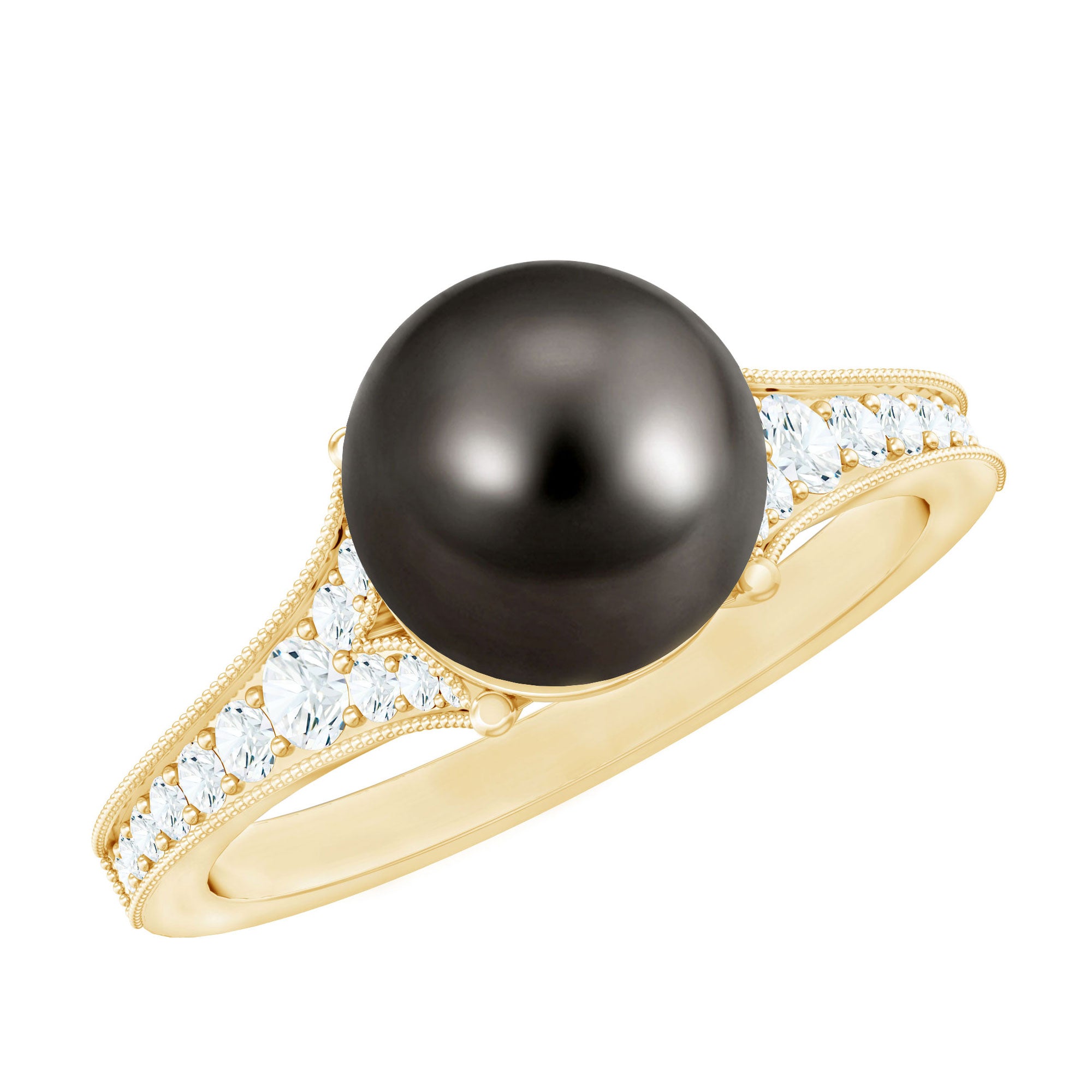 8 CT Tahitian Black Pearl Cathedral Engagement Ring with Diamonds AAA - Rosec Jewels