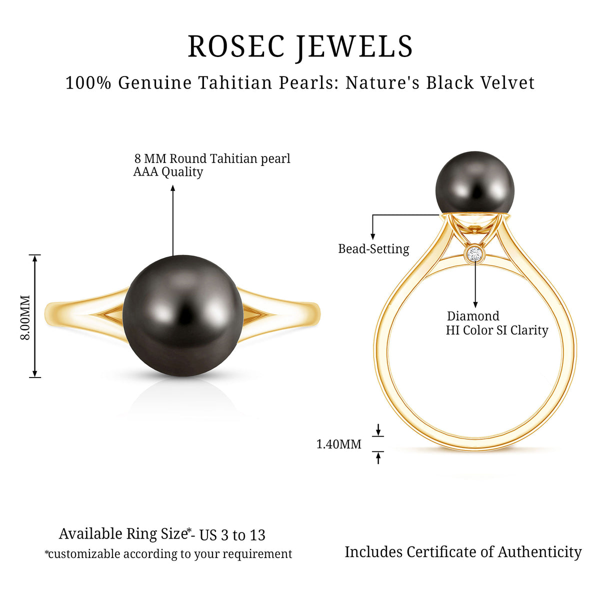 7.5 Carat Tahitian Black Pearl Engagement Ring with Split Shank AAA - Rosec Jewels